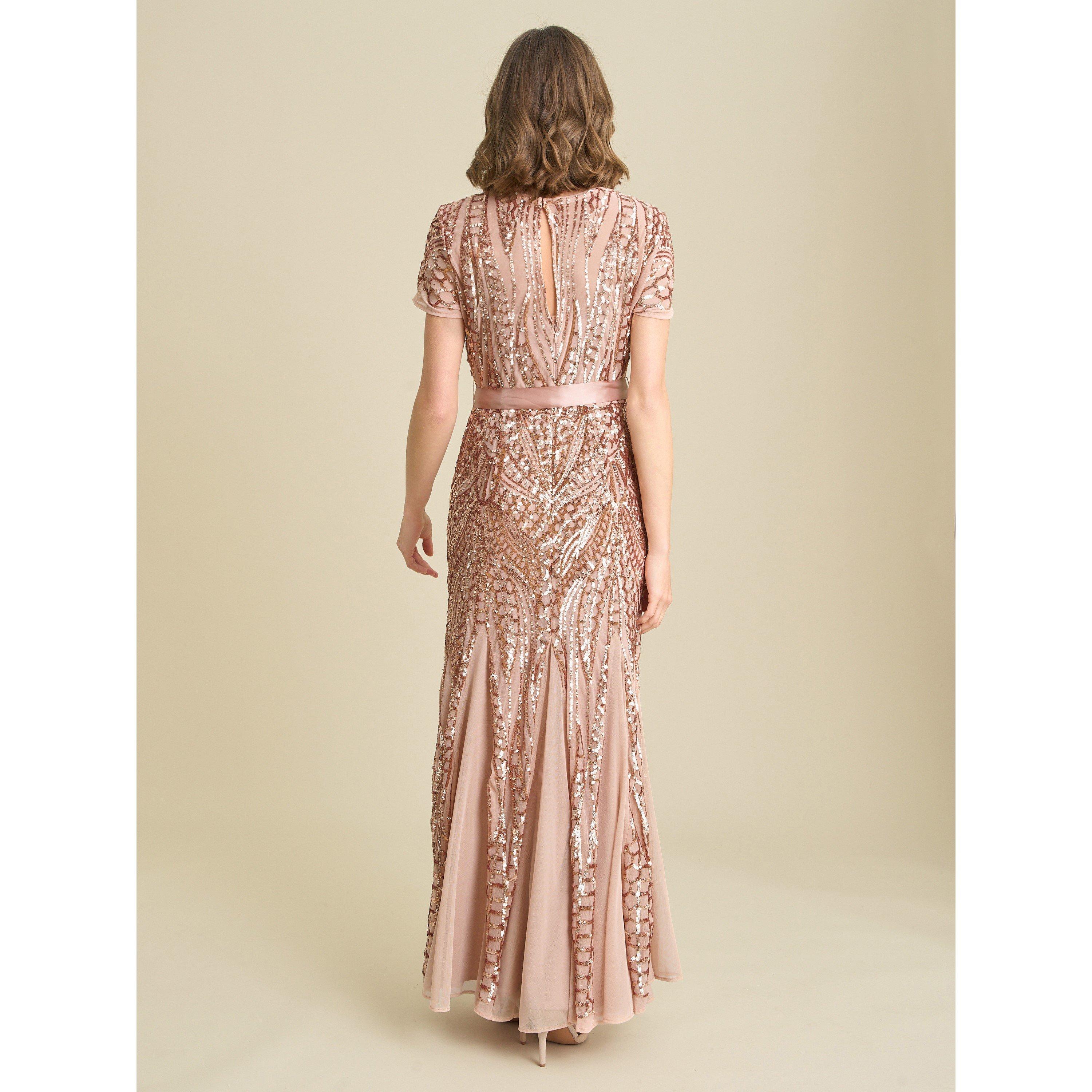 Rose Gold - Gina Bacconi - Monique Embroidered Sequin Godet Dress - 2