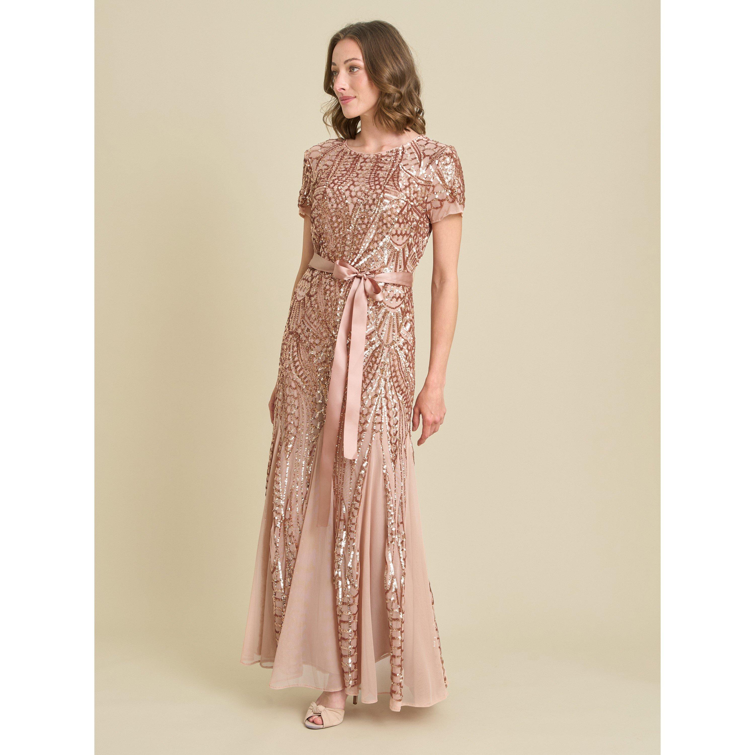 Rose Gold - Gina Bacconi - Monique Embroidered Sequin Godet Dress - 3