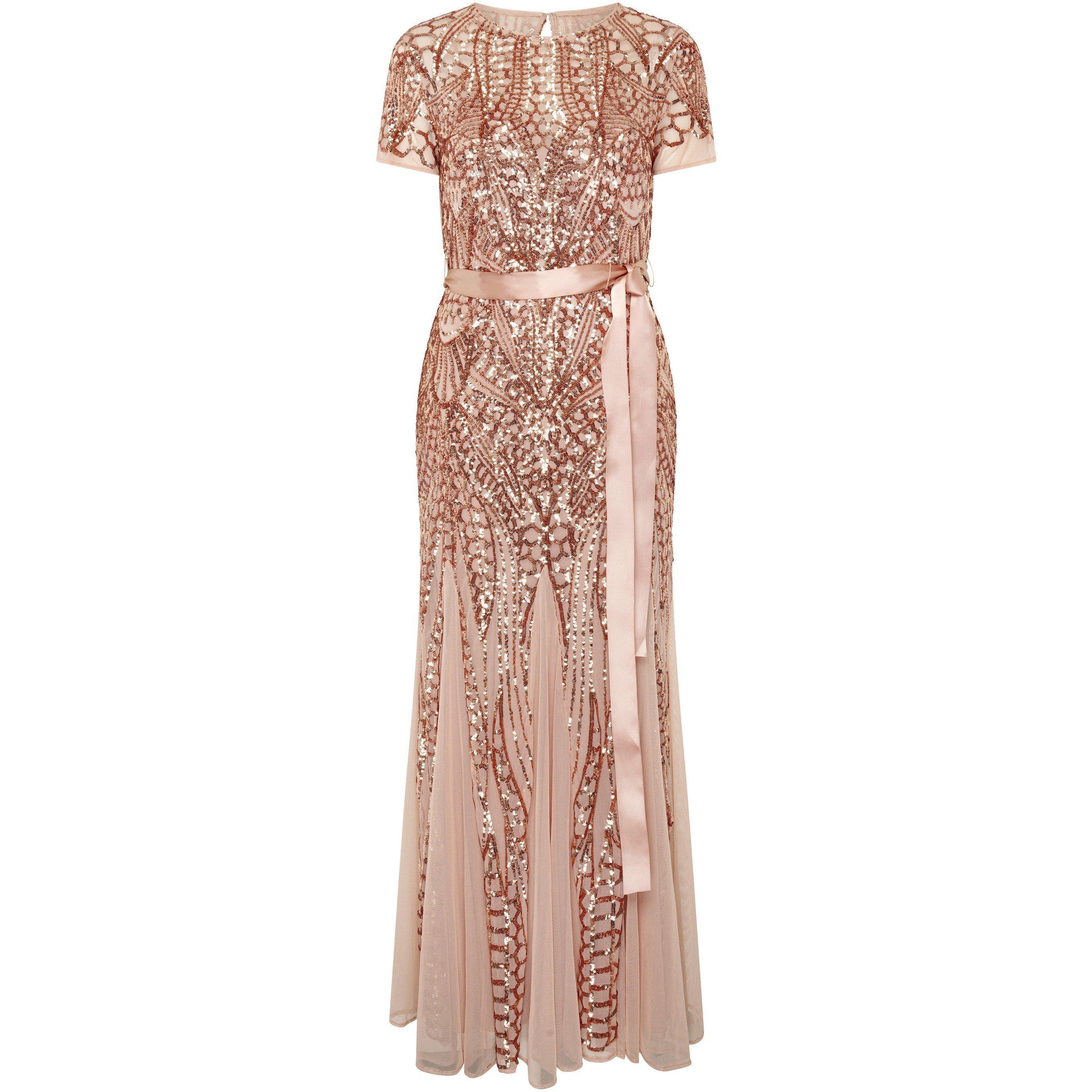 Rose Gold - Gina Bacconi - Monique Embroidered Sequin Godet Dress - 4