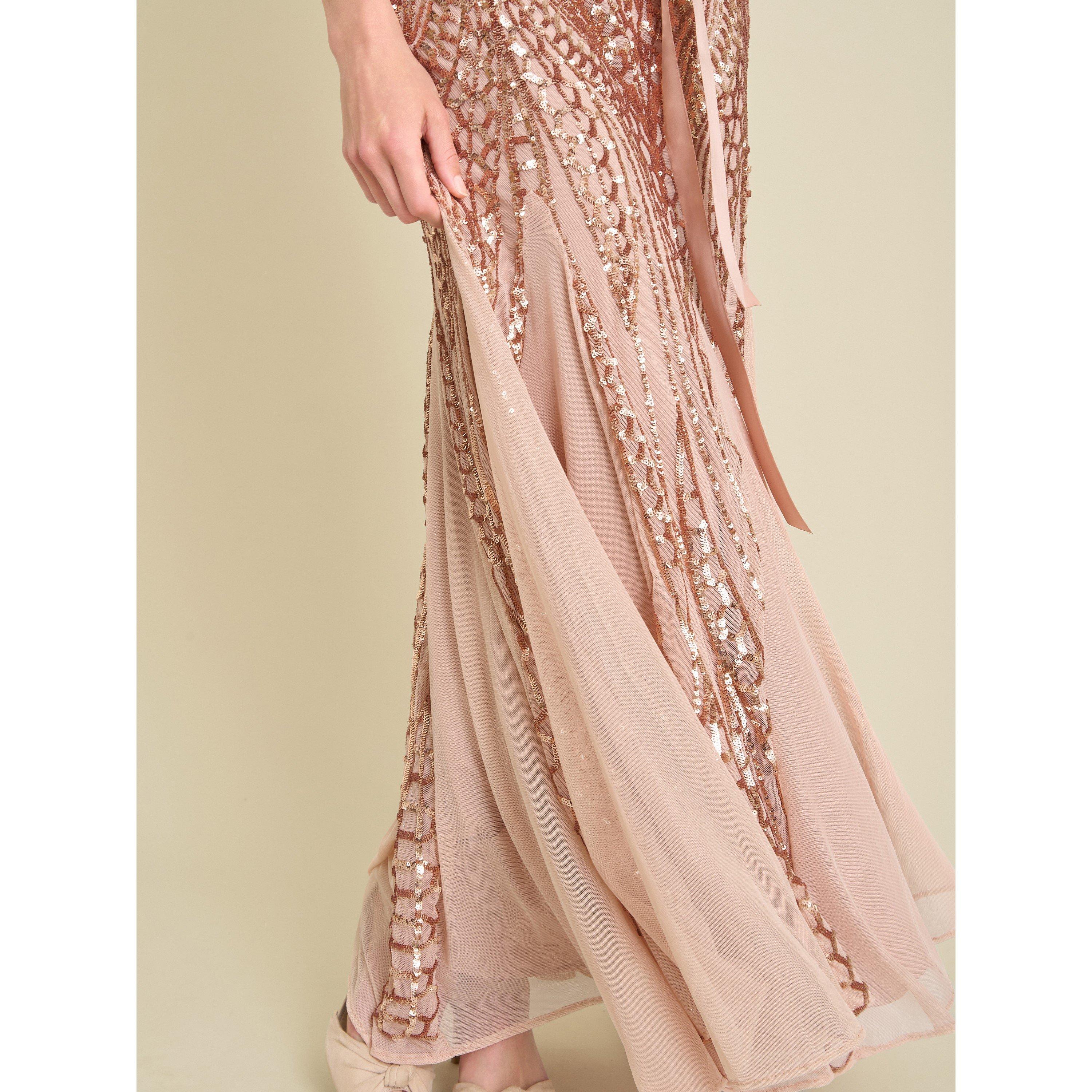 Rose Gold - Gina Bacconi - Monique Embroidered Sequin Godet Dress - 5