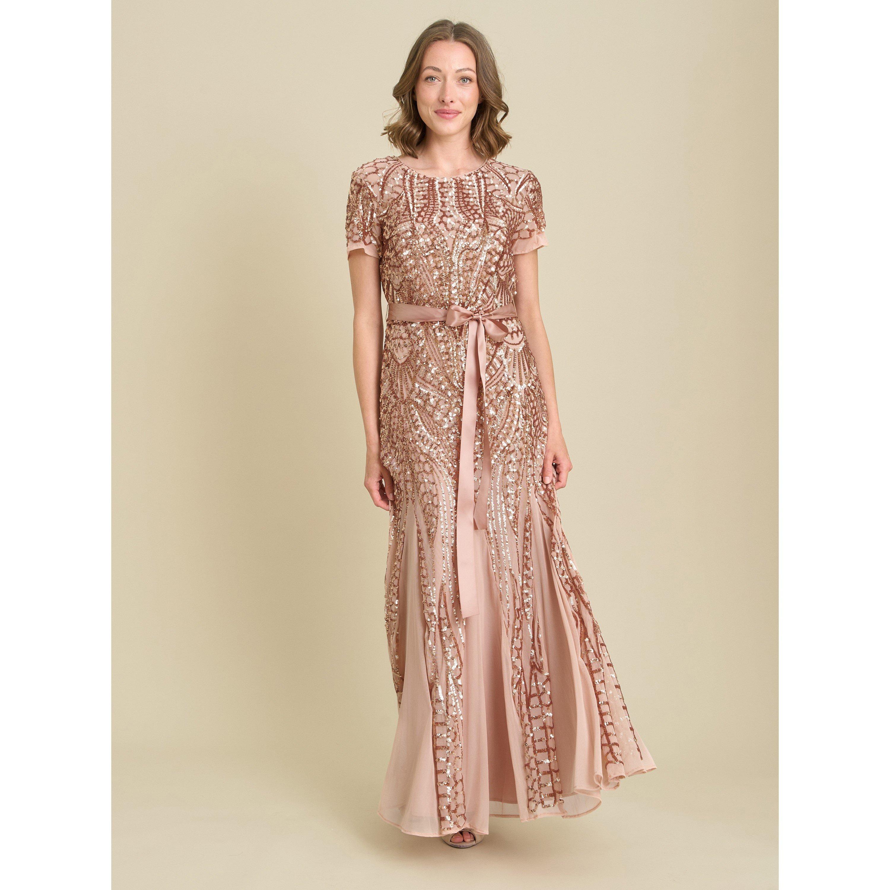 Rose Gold - Gina Bacconi - Monique Embroidered Sequin Godet Dress - 6