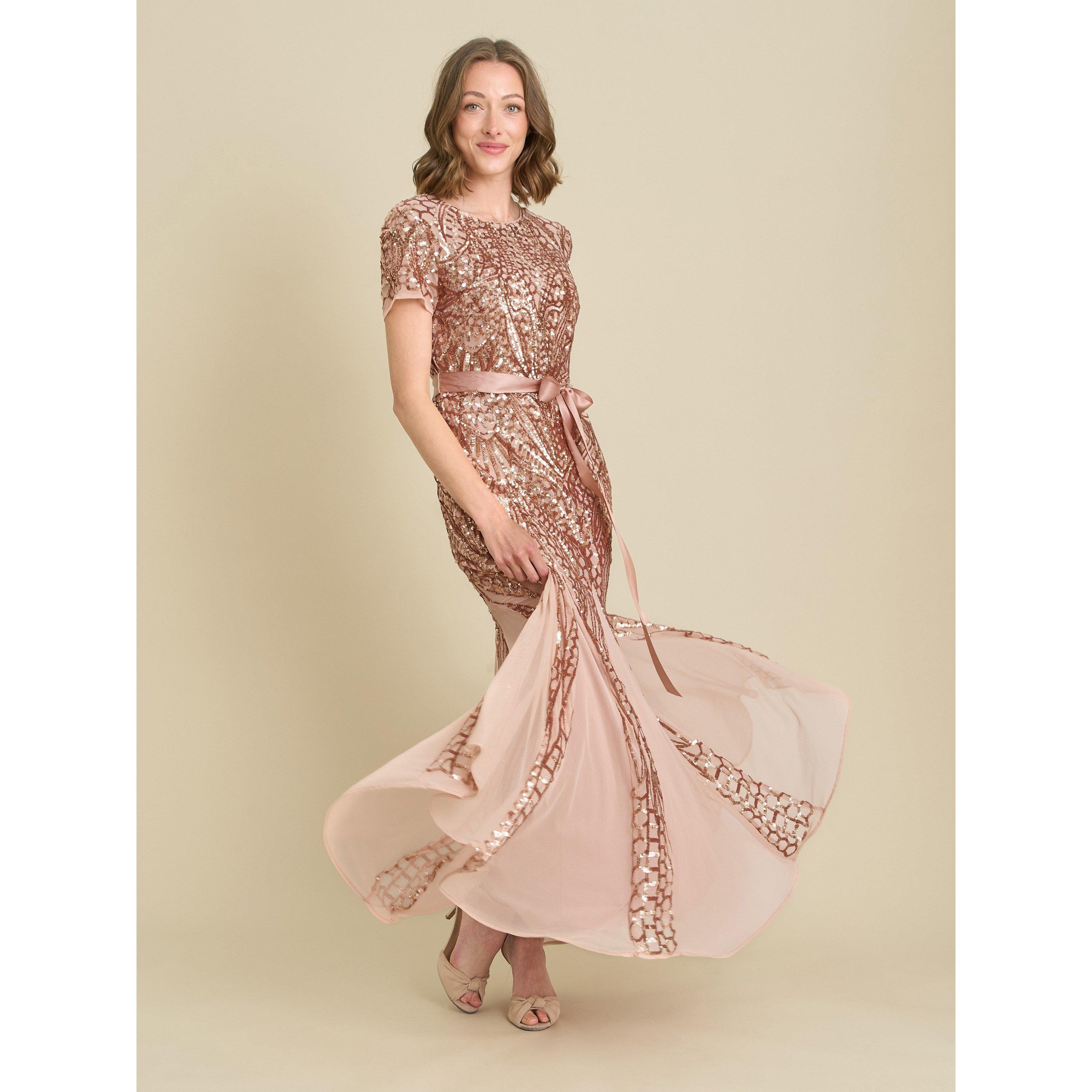 Rose Gold - Gina Bacconi - Monique Embroidered Sequin Godet Dress - 7