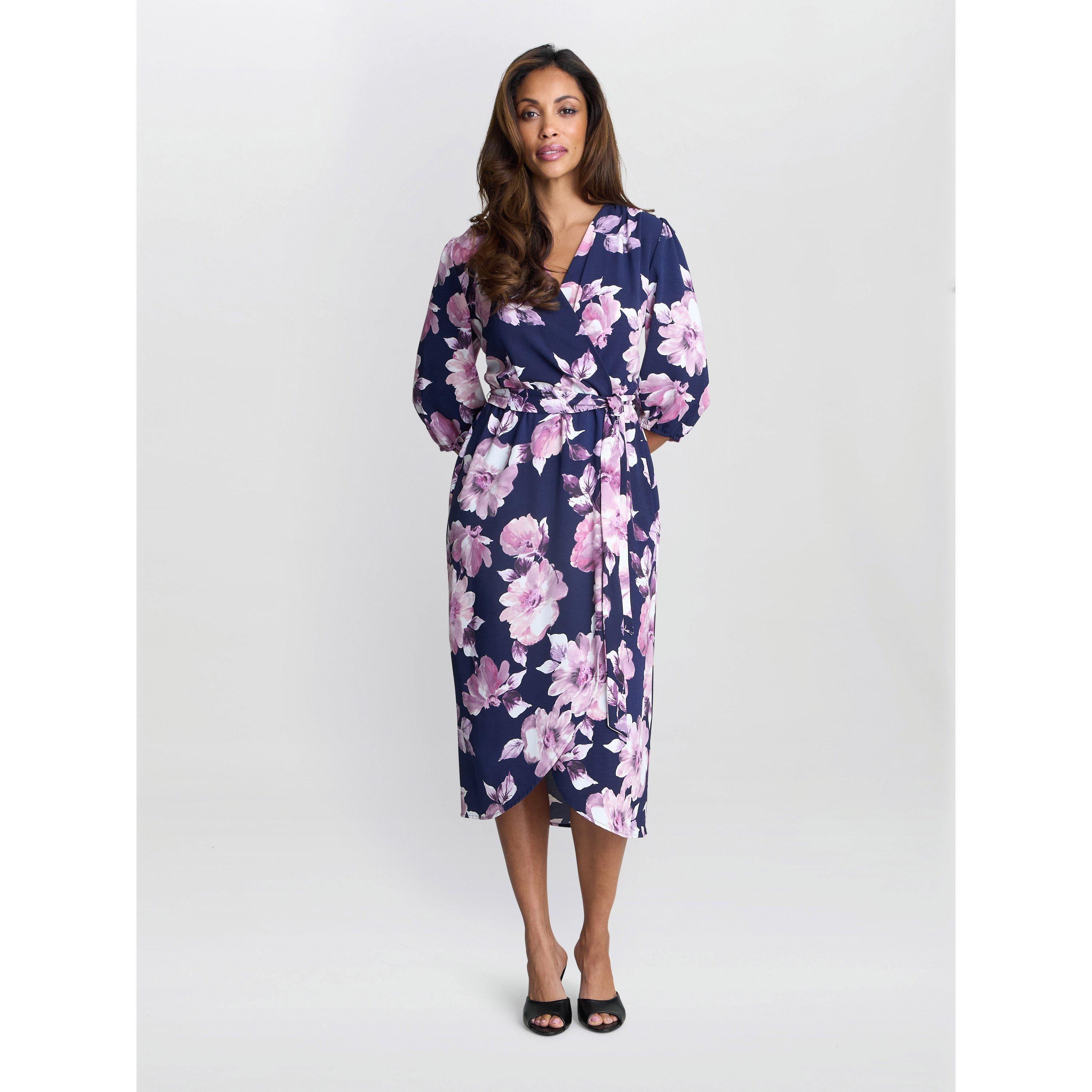 Navy / Multi - Gina Bacconi - Women's Keeley Floral Print A Line Dress - 6