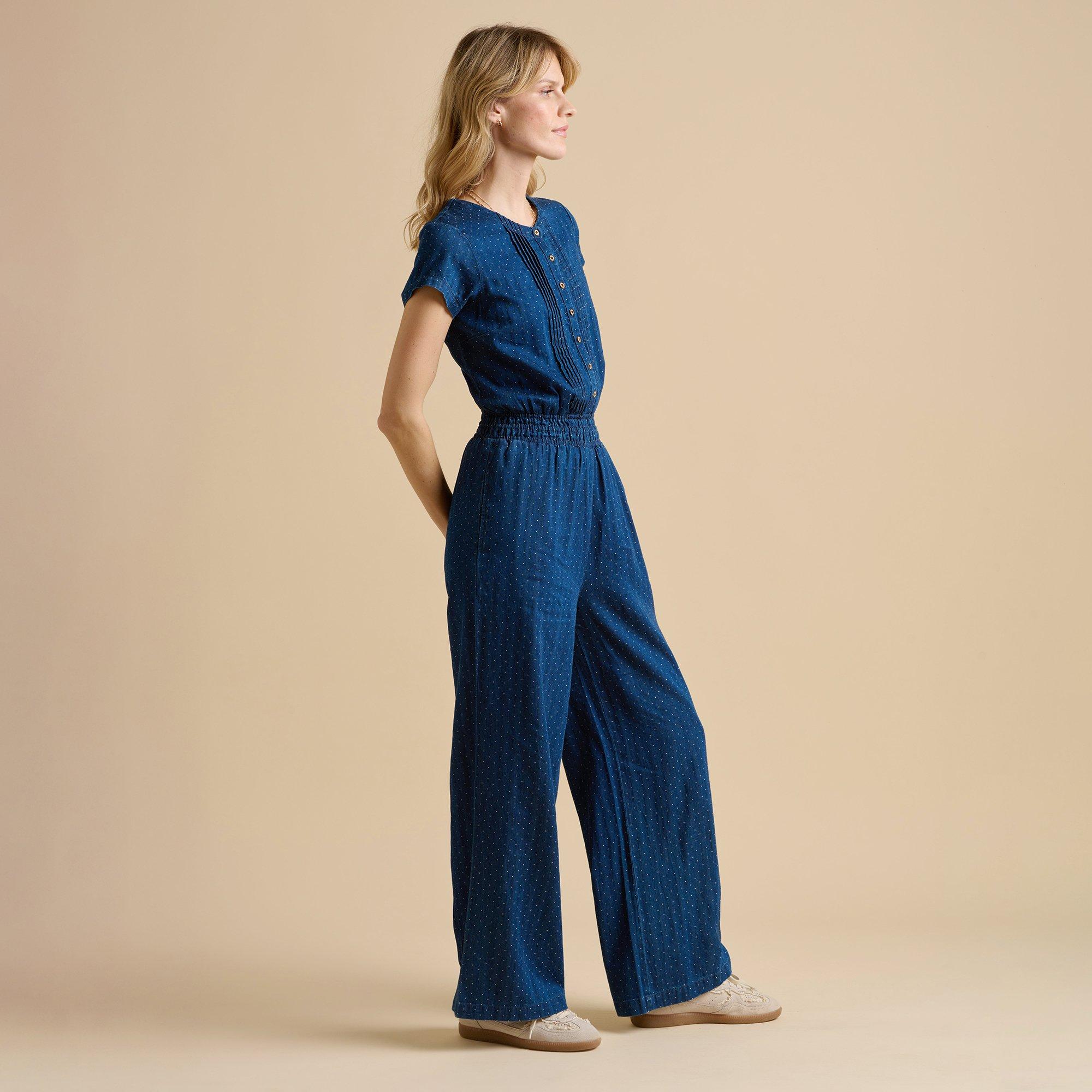 Navy - Brakeburn - Spot Denim Wide Leg Jumpsuit - 3