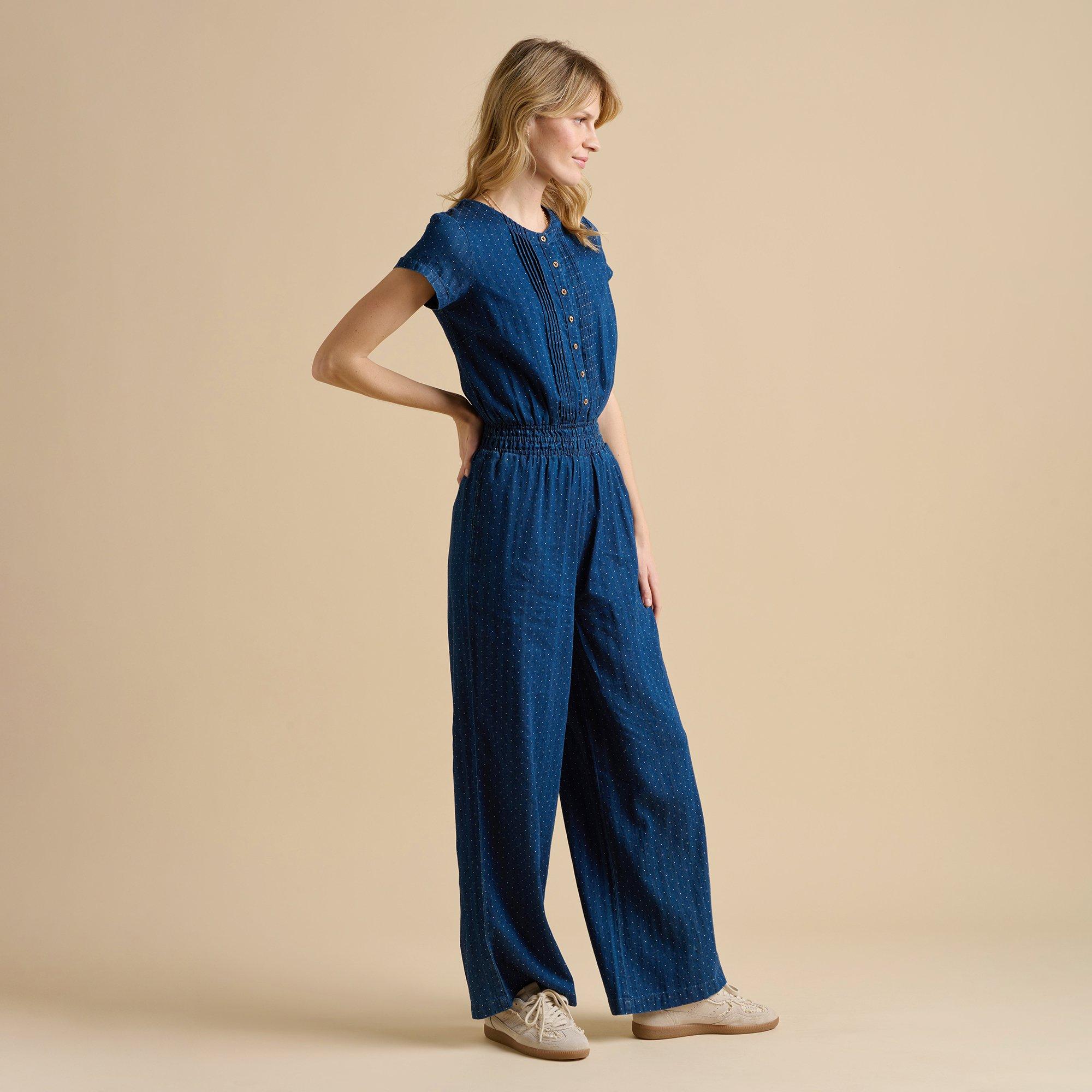 Navy - Brakeburn - Spot Denim Wide Leg Jumpsuit - 4