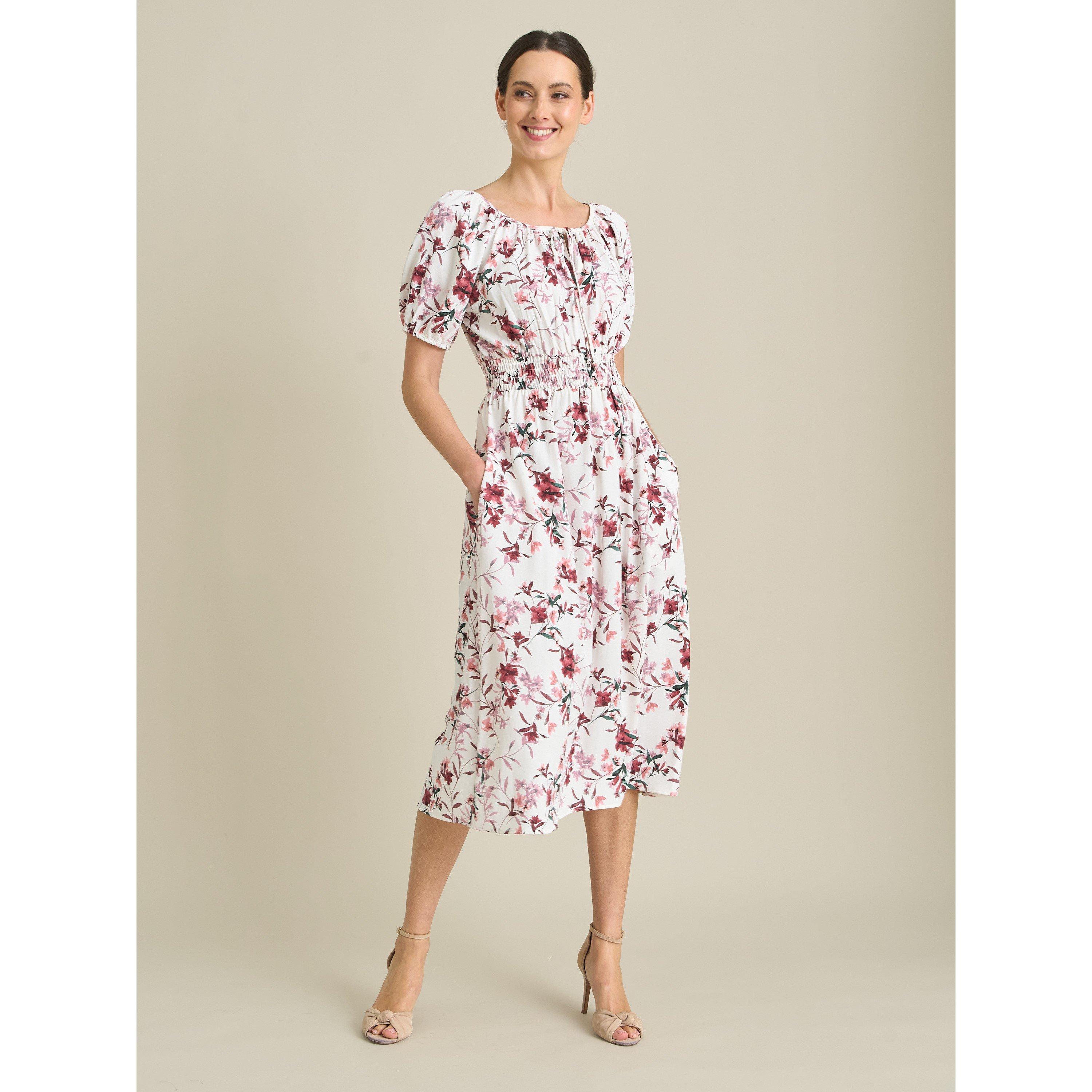 Ivory / Red - Gina Bacconi - Perrie Smock Waist Floral Print Dress - 1
