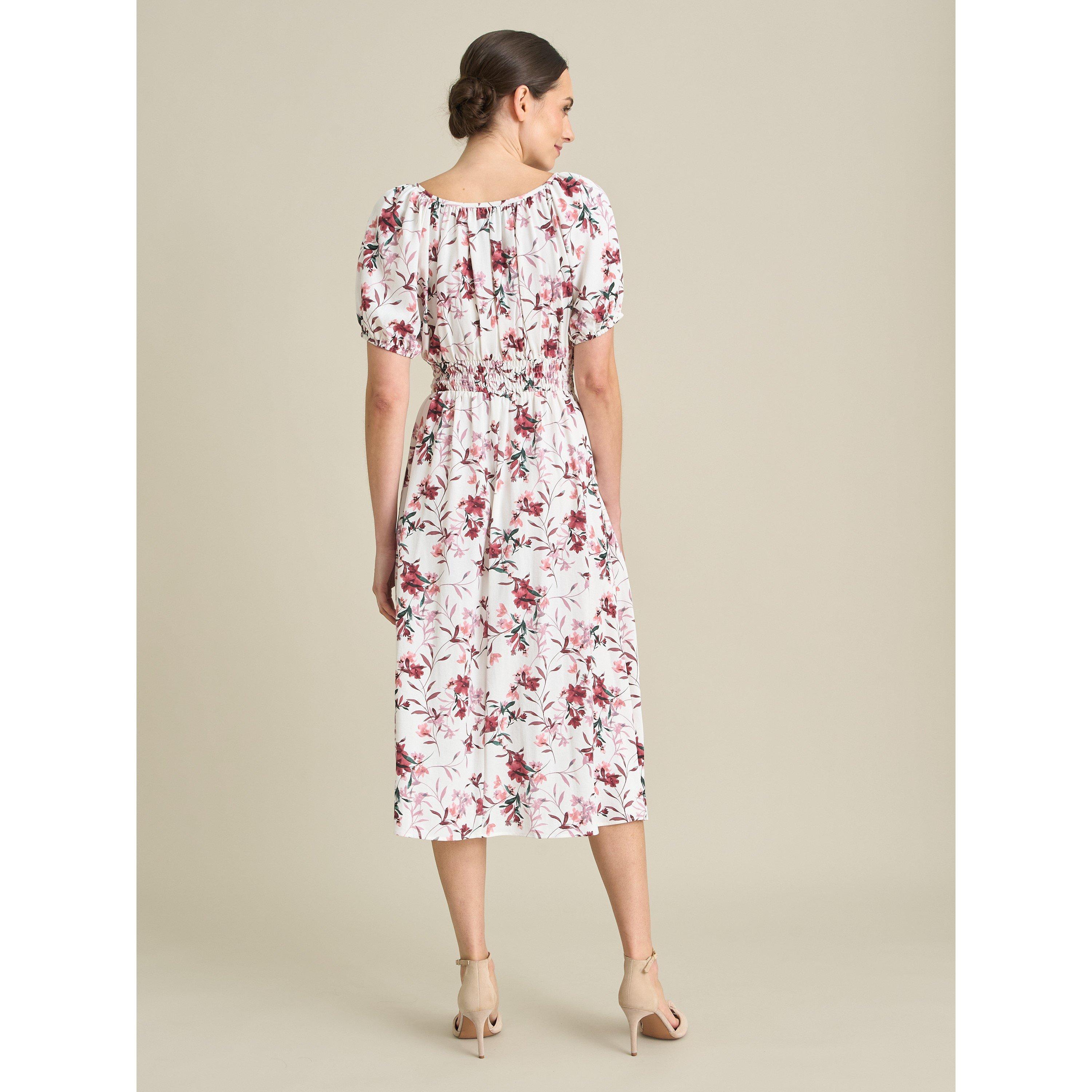 Ivory / Red - Gina Bacconi - Perrie Smock Waist Floral Print Dress - 2