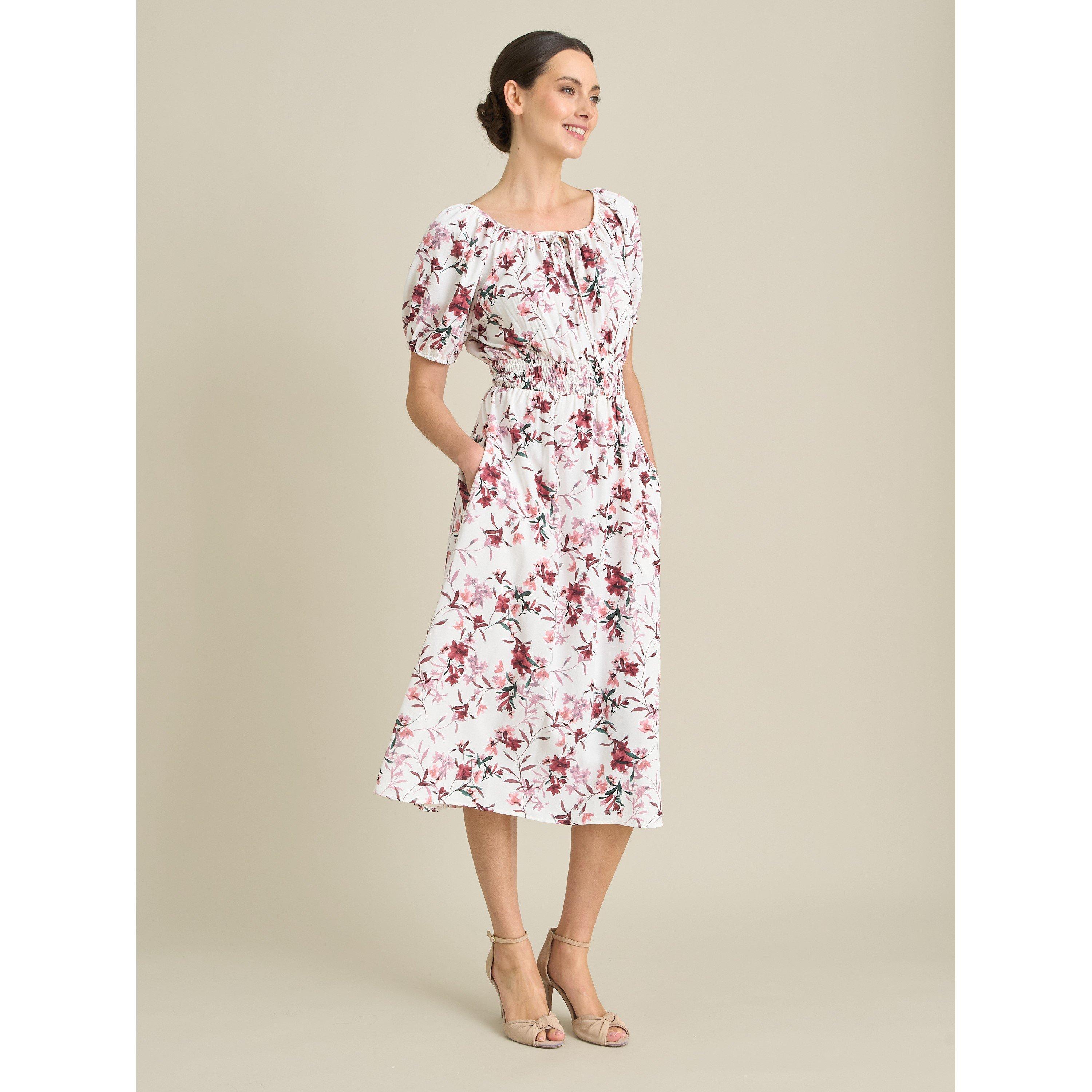 Ivory / Red - Gina Bacconi - Perrie Smock Waist Floral Print Dress - 3
