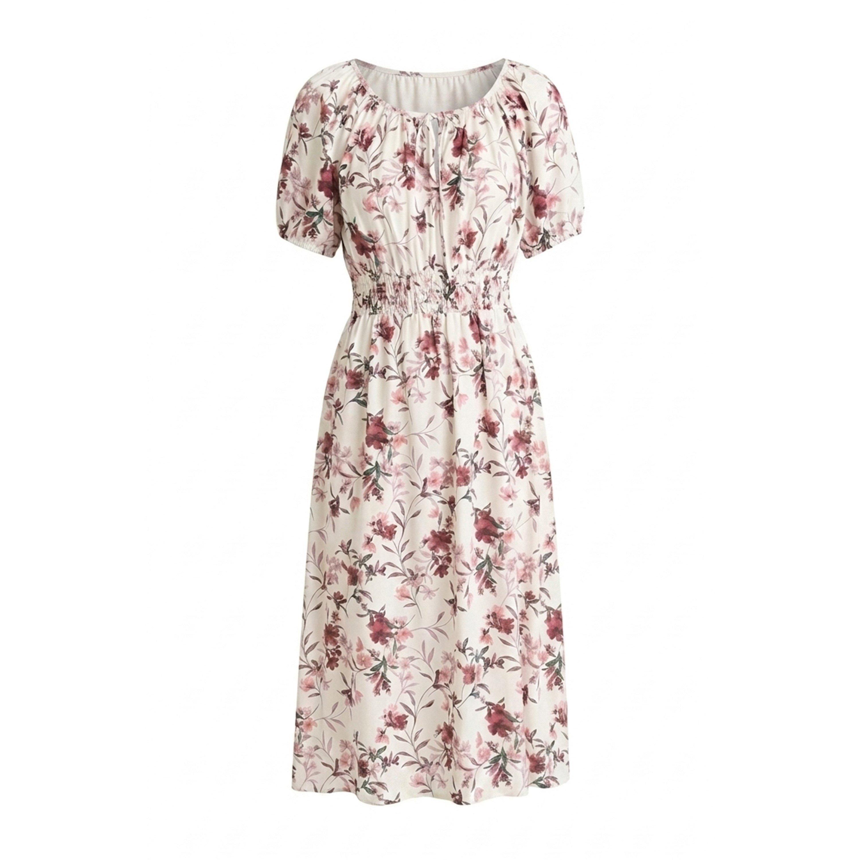 Ivory / Red - Gina Bacconi - Perrie Smock Waist Floral Print Dress - 4