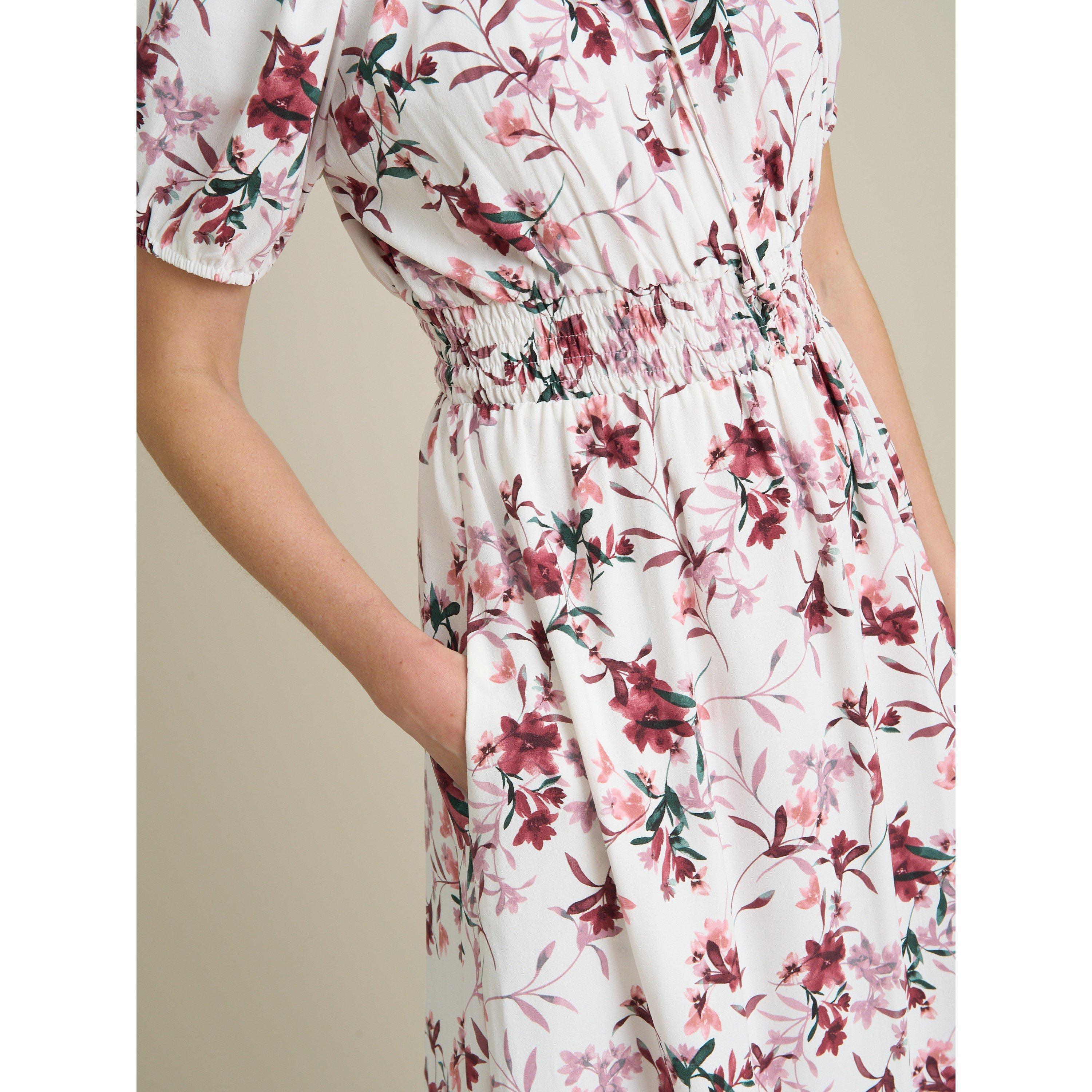Ivory / Red - Gina Bacconi - Perrie Smock Waist Floral Print Dress - 5