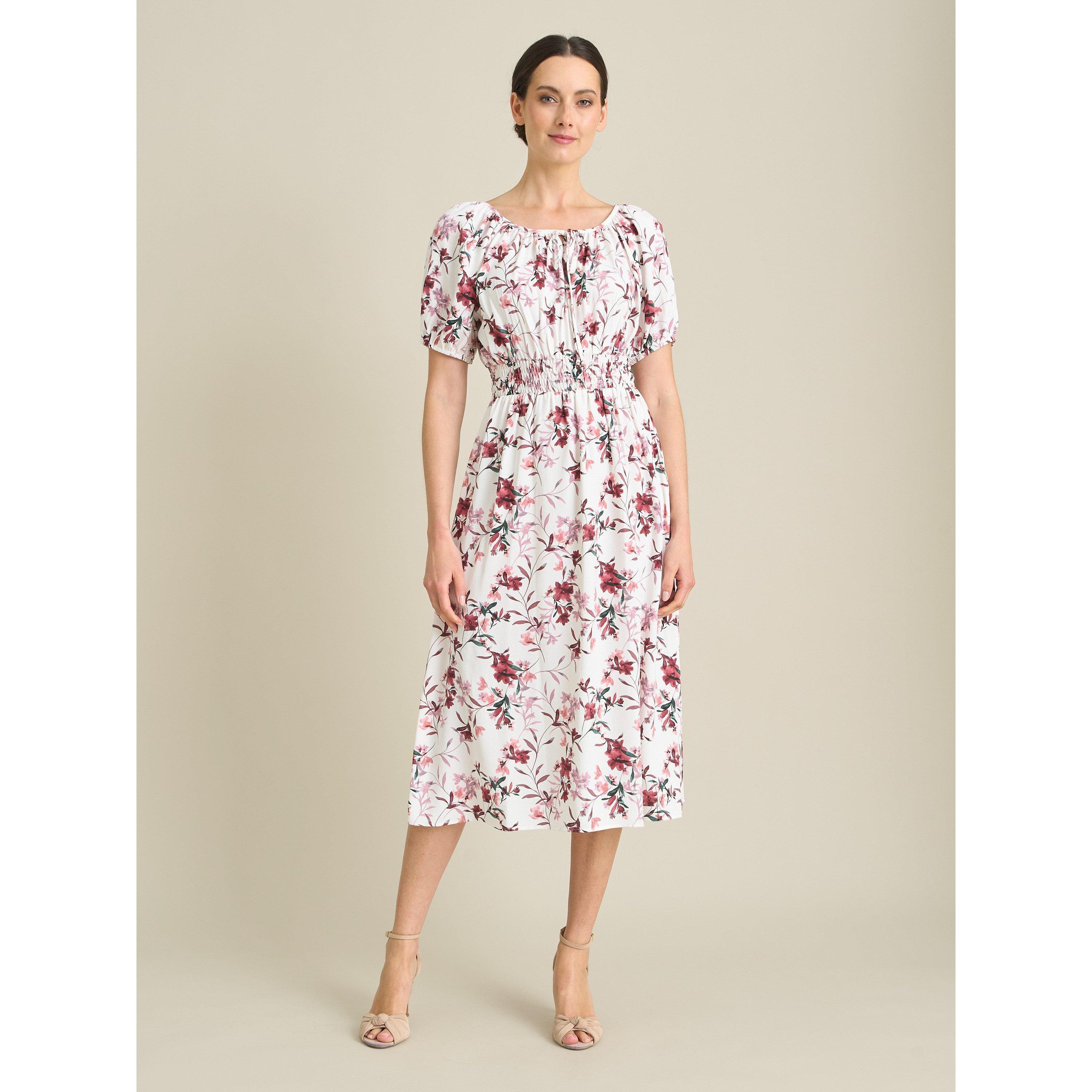 Ivory / Red - Gina Bacconi - Perrie Smock Waist Floral Print Dress - 6
