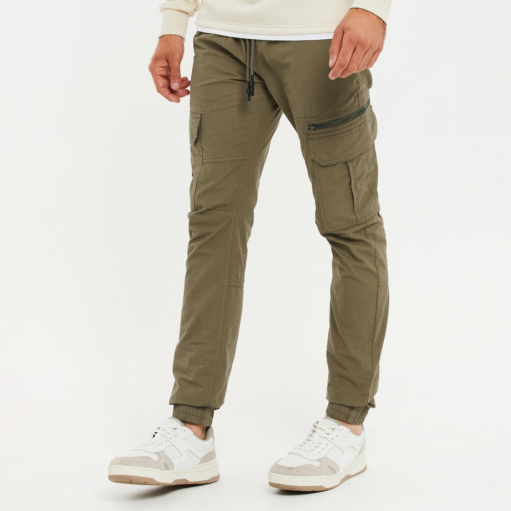 Khaki - Threadbare - Pull-On Cuffed Cotton Cargo Trousers - 1