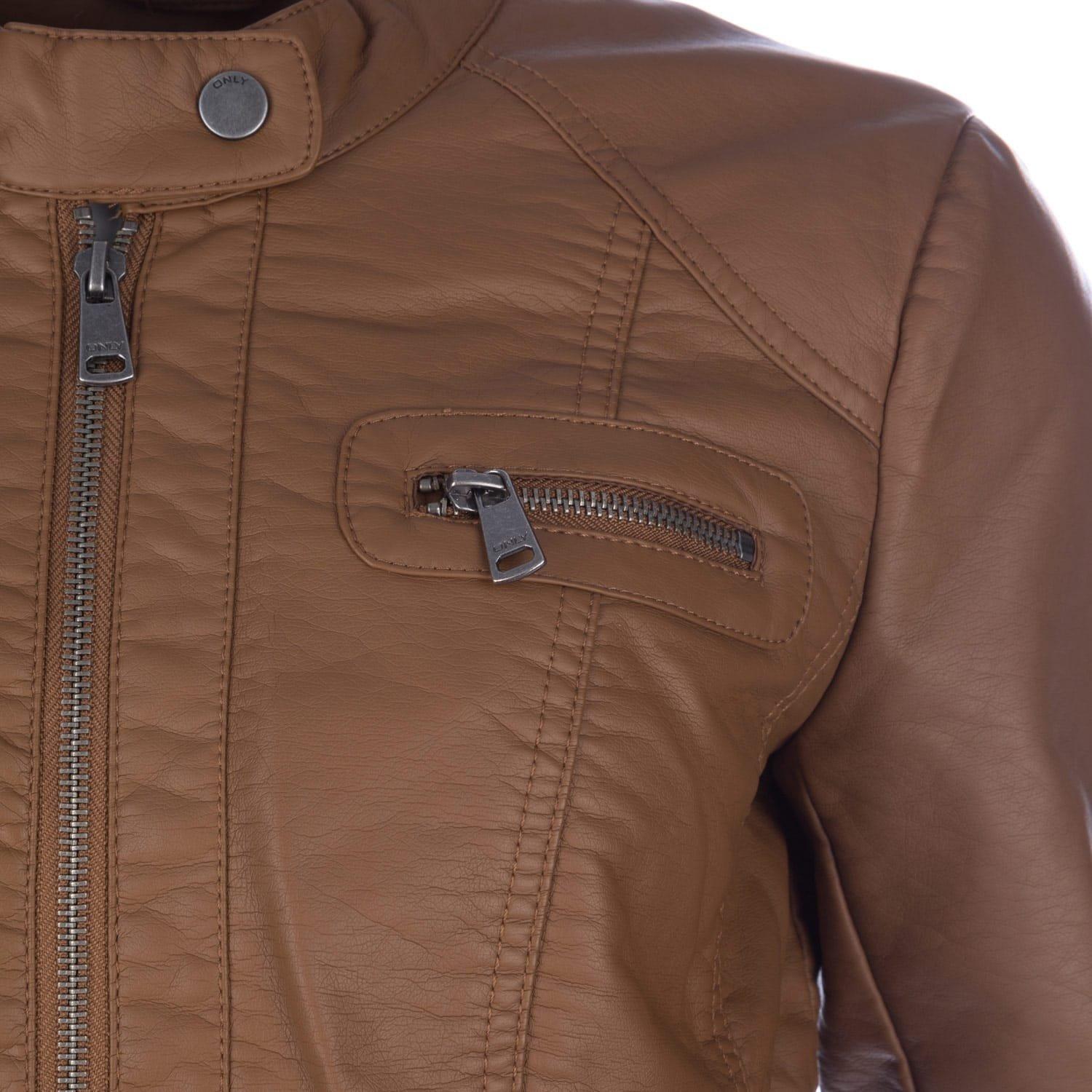 Cognac - Only - Bandit Faux Leather Biker Jacket - 4