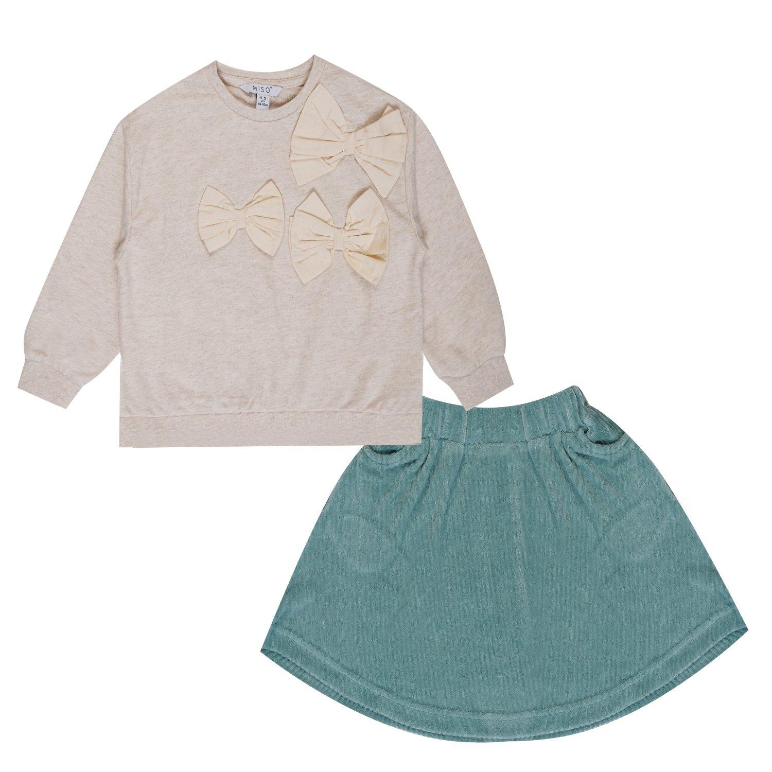 Cream/Teal - Miso - Kids' Bow Top and Skirt Set - 1