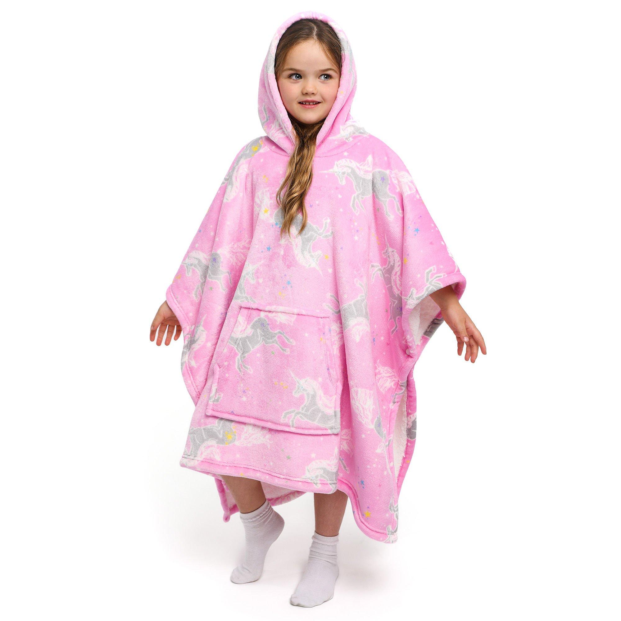 Bedlam  Kids Kids Wearable Snuggle Throw Fleece Poncho - Unicorn Pink - 75 x 92.5c
