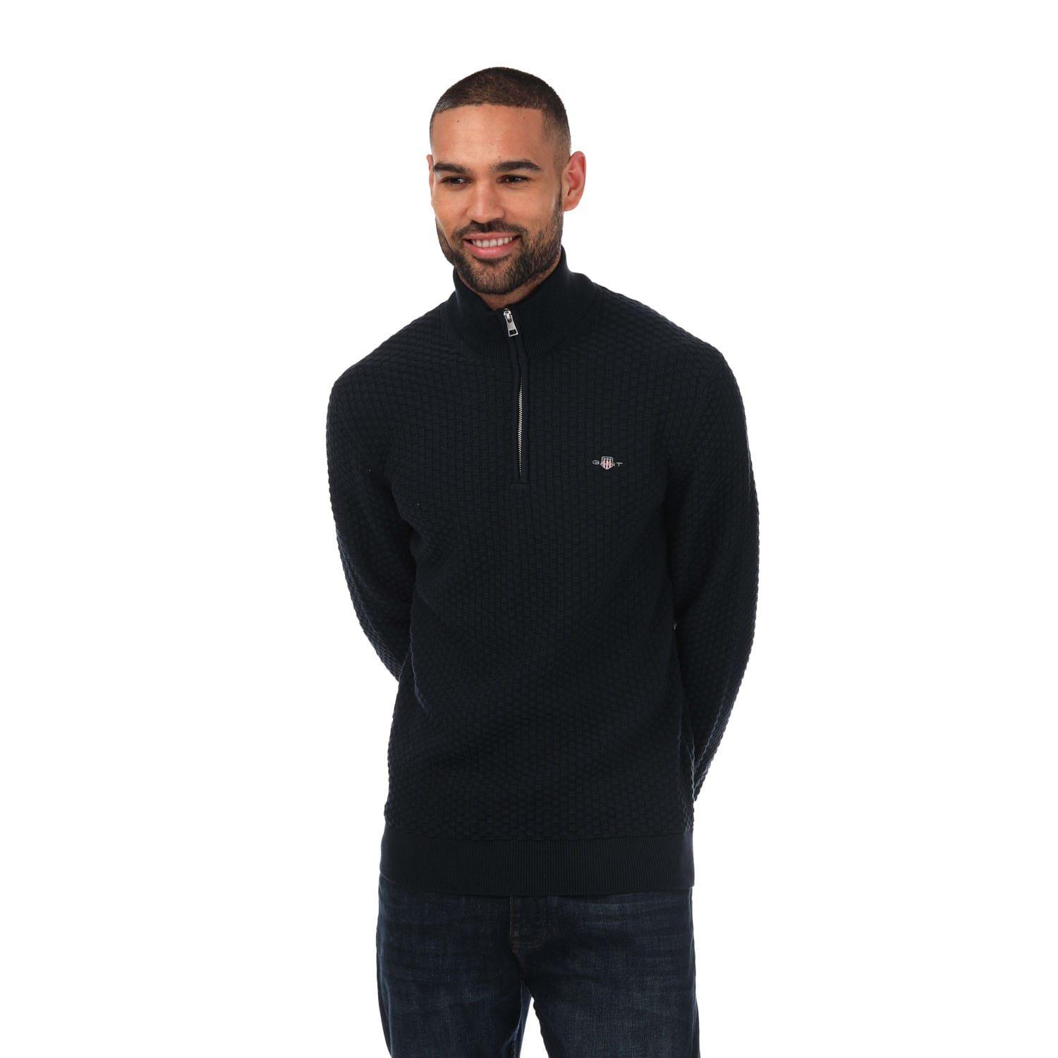 Men's Gant Textured Cotton Half-Zip Jumper in Grey