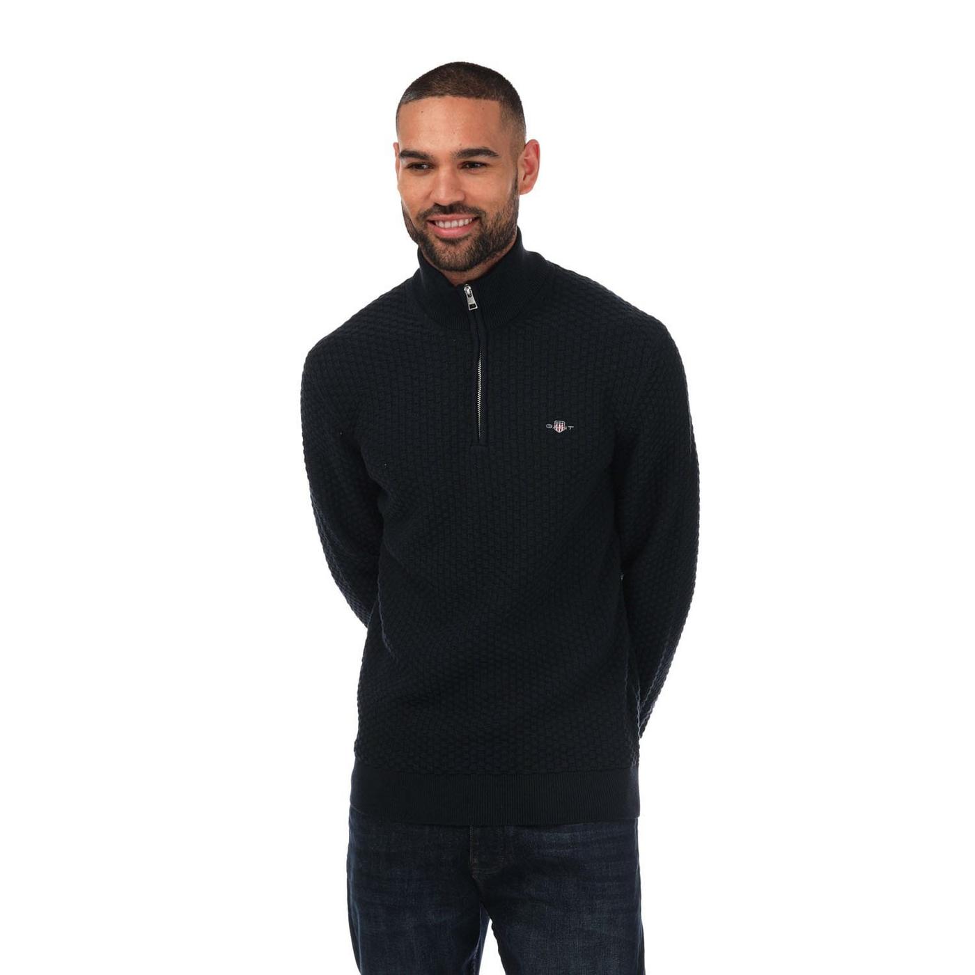 Men's Gant Textured Cotton Half-Zip Jumper in Grey Men's Gant Textured Cotton Half-Zip Jumper in Grey