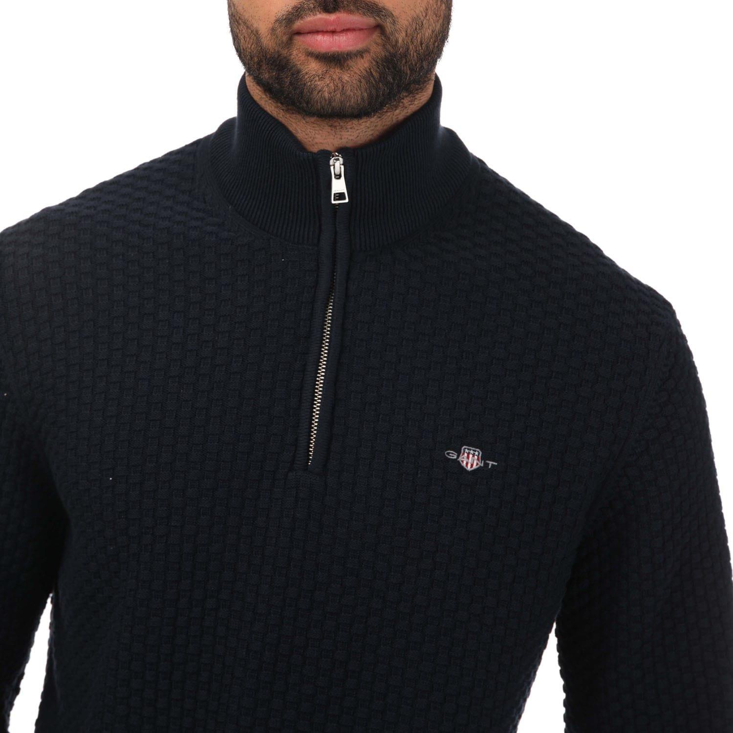 Blue - Gant - Textured Cotton Half-Zip Jumper - 3