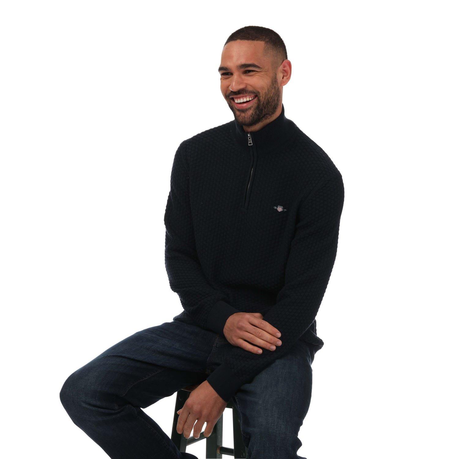 Blue - Gant - Textured Cotton Half-Zip Jumper - 4