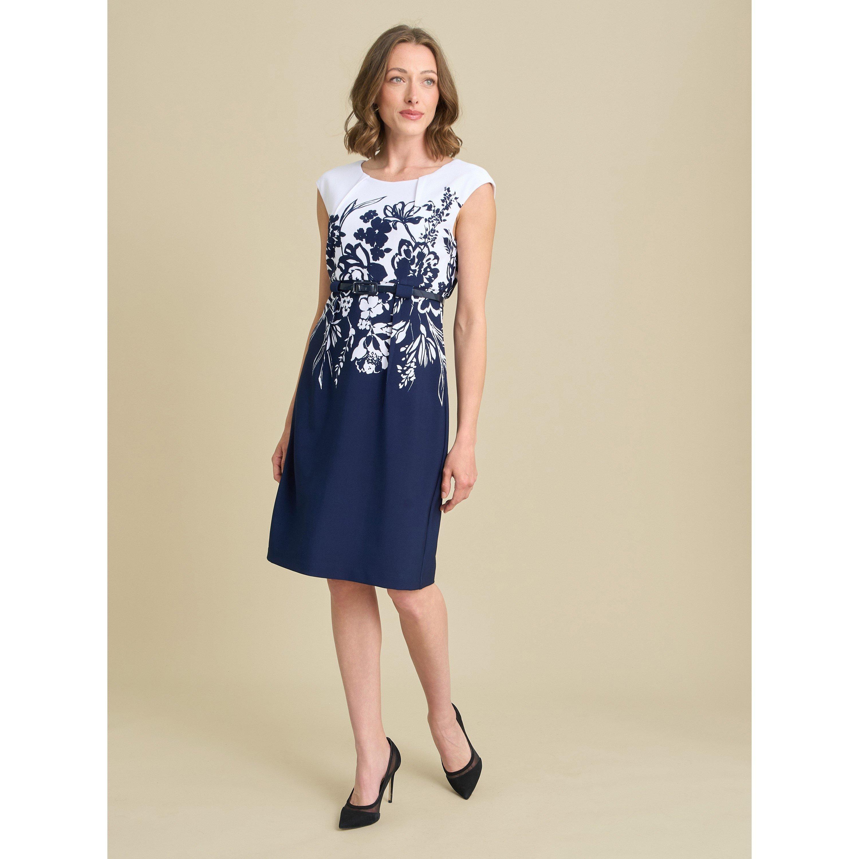 Navy / White - Gina Bacconi - Minnie Floral Print Belted Dress - 1