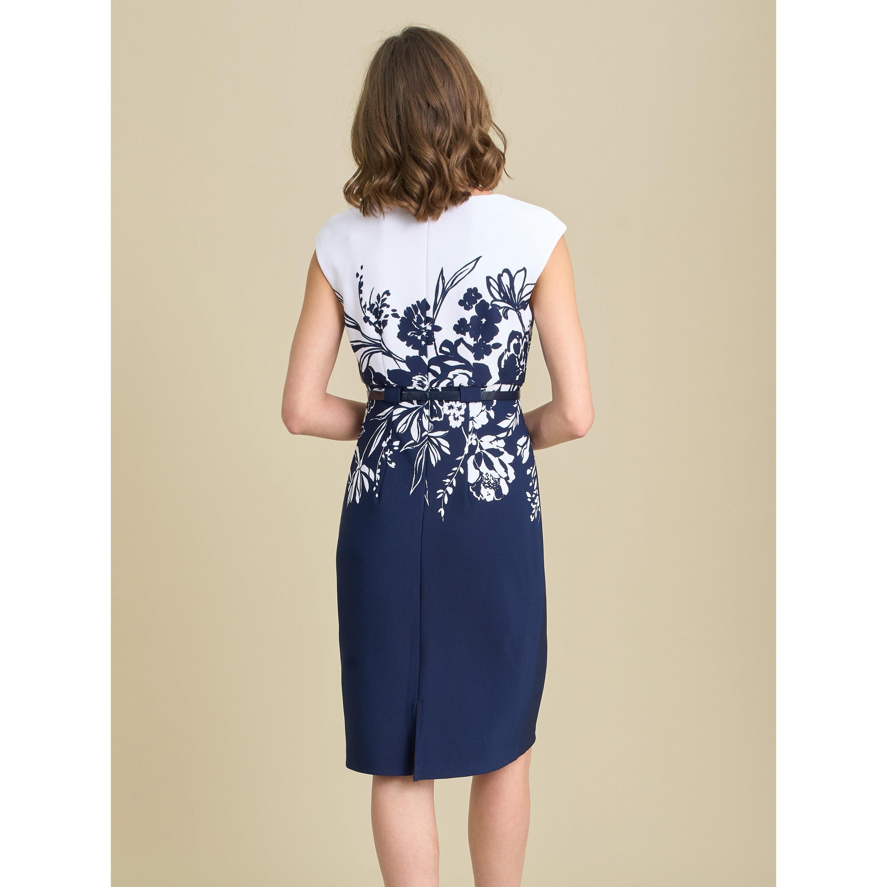 Navy / White - Gina Bacconi - Minnie Floral Print Belted Dress - 2