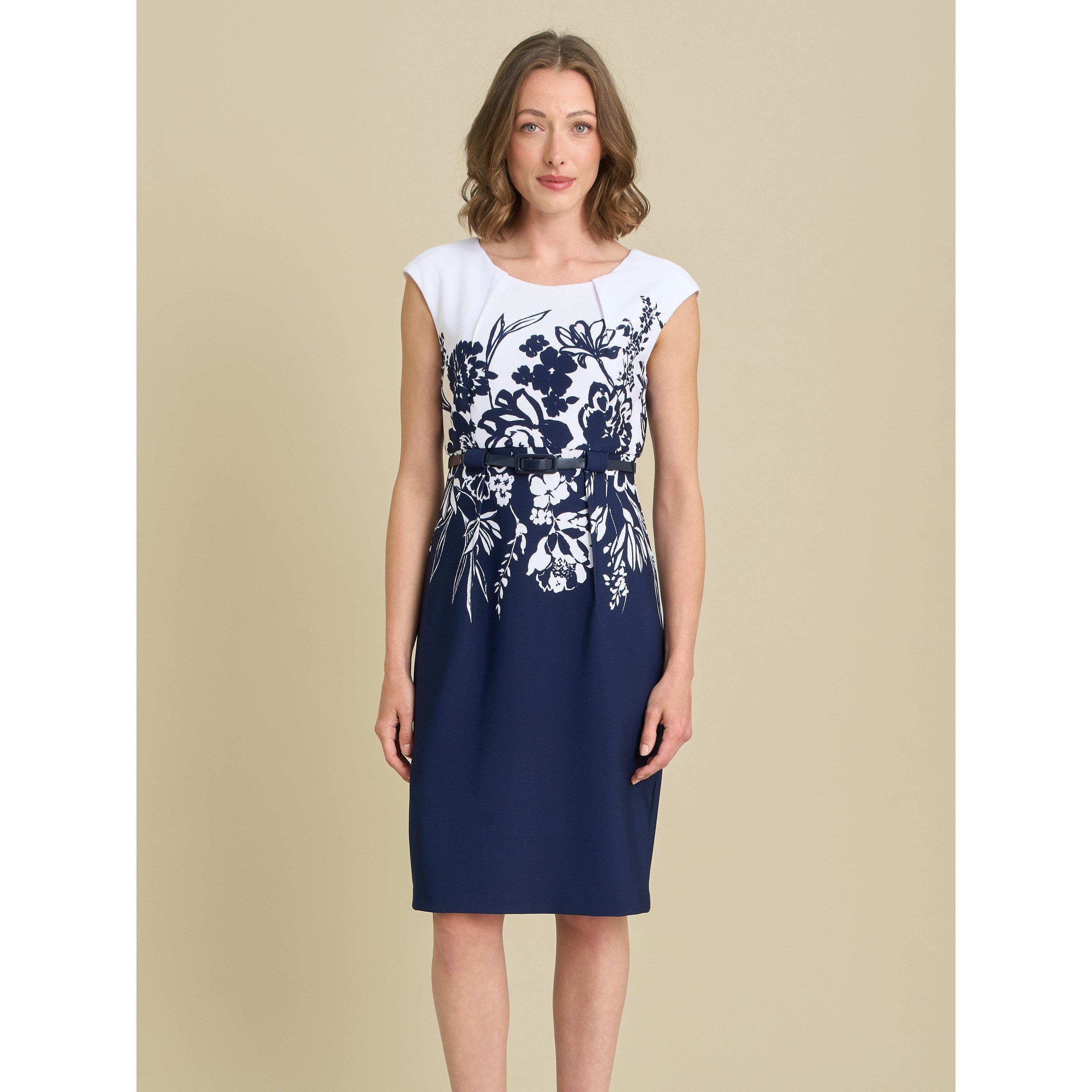 Navy / White - Gina Bacconi - Minnie Floral Print Belted Dress - 3