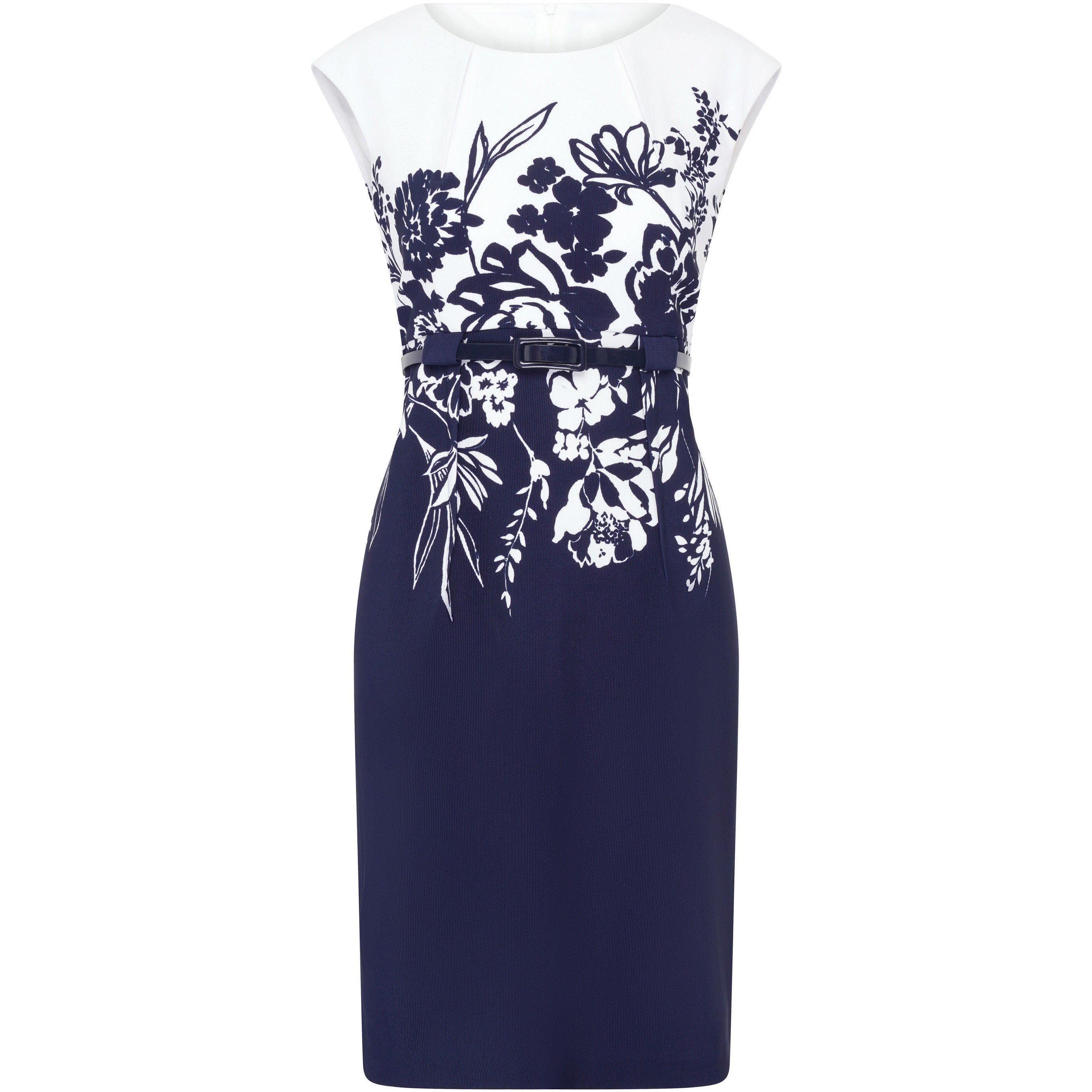 Navy / White - Gina Bacconi - Minnie Floral Print Belted Dress - 4