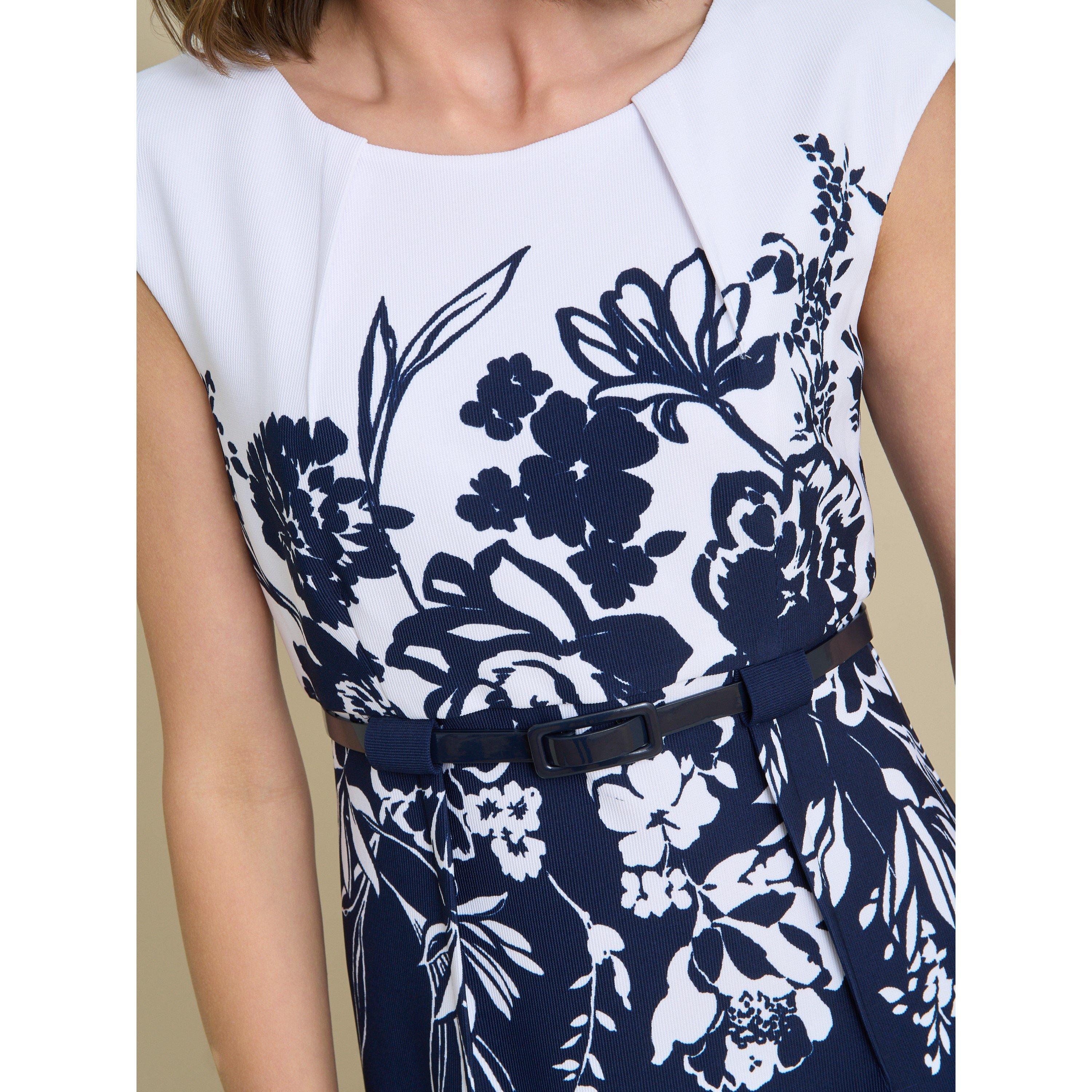 Navy / White - Gina Bacconi - Minnie Floral Print Belted Dress - 5