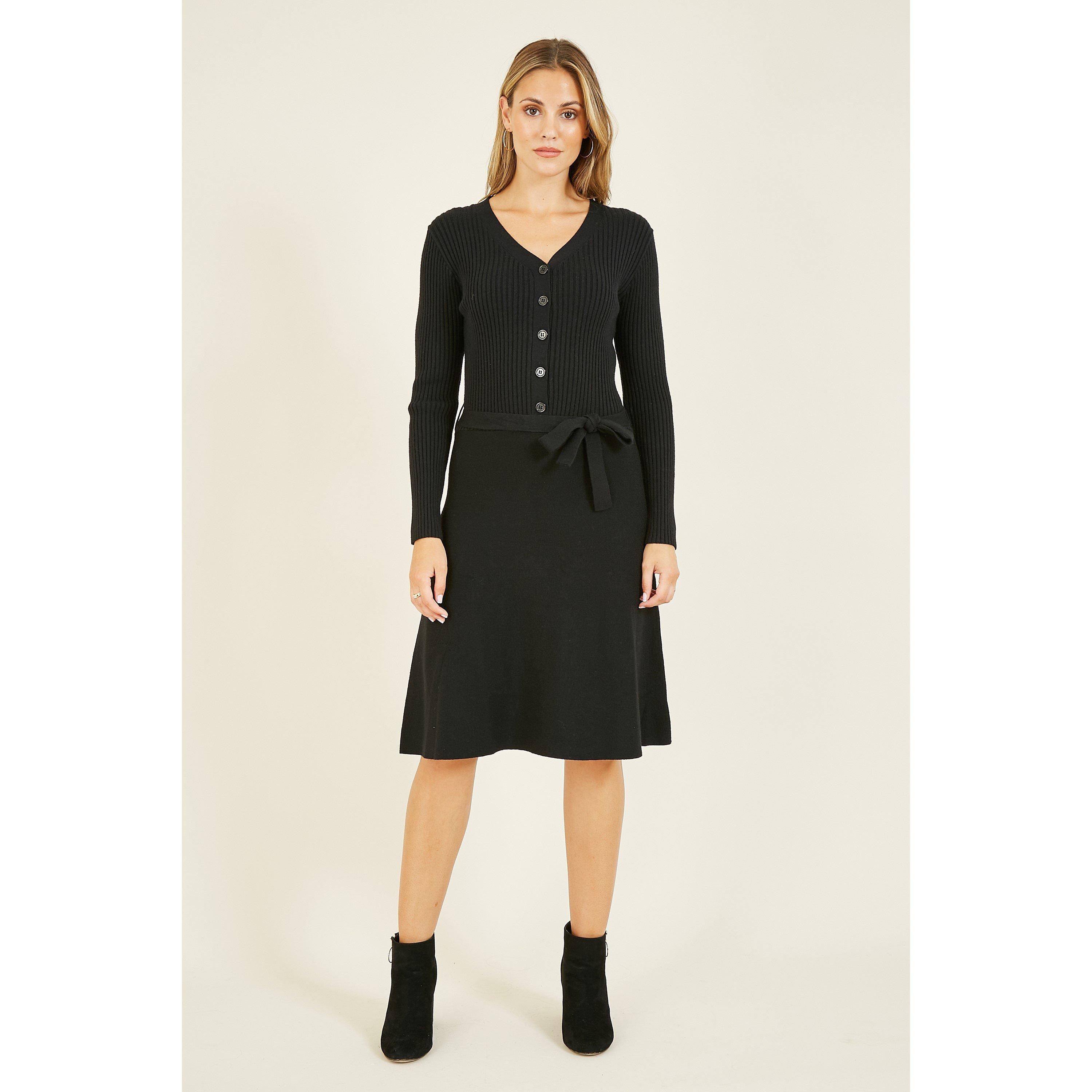 Black - Yumi - Black Knitted Skater Dress - 1