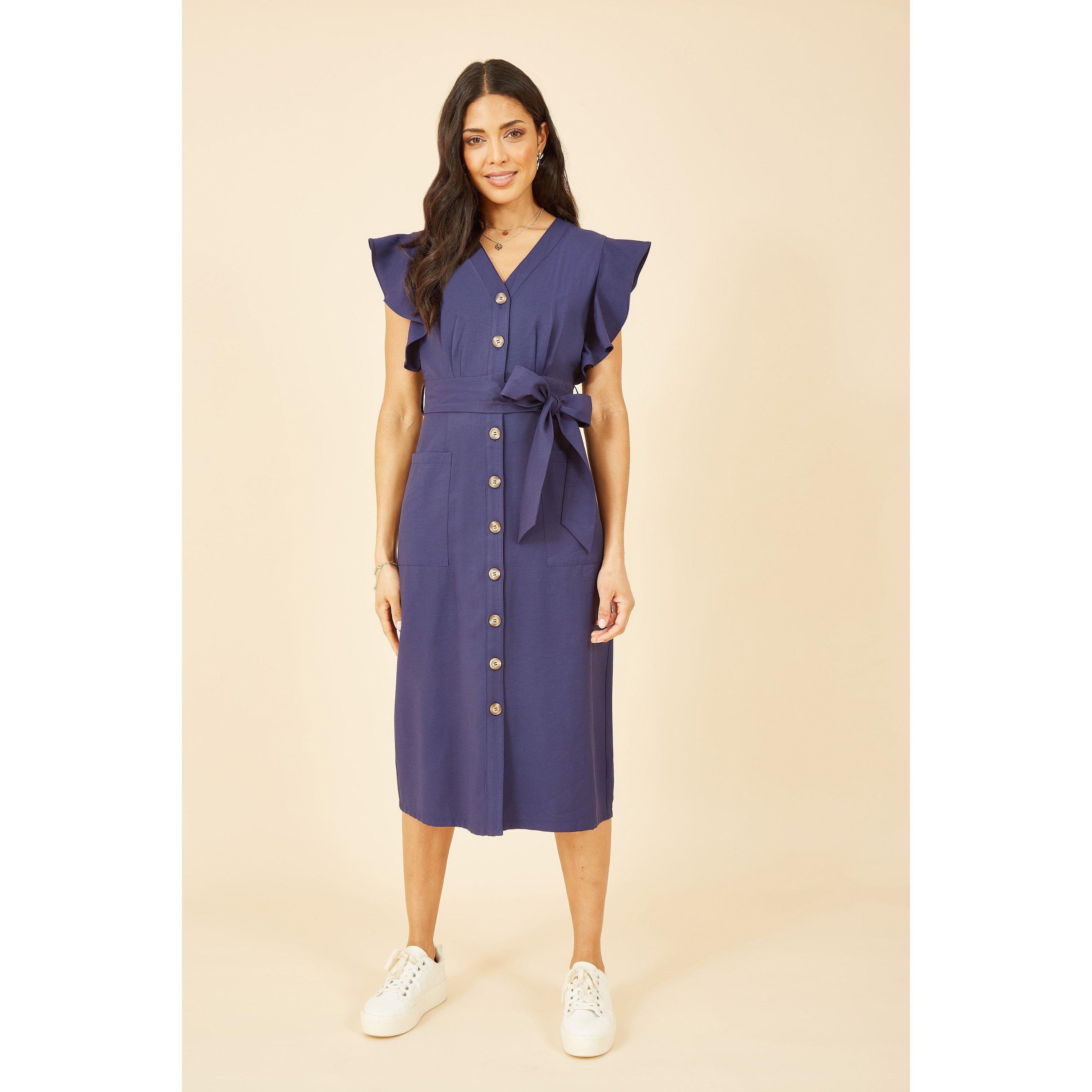 Navy - Yumi - Navy Linen Blend Midi Shirt Dress - 1