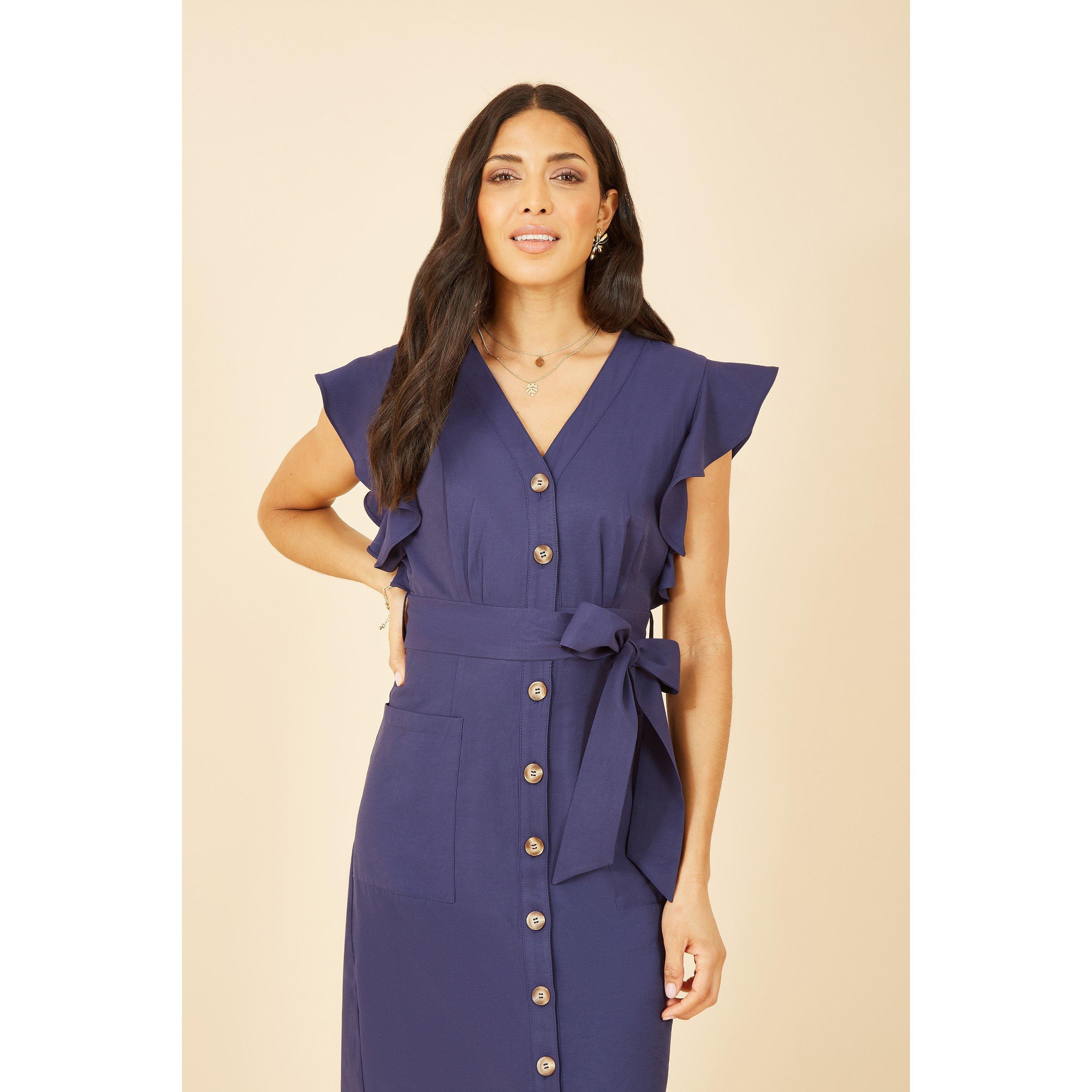 Navy - Yumi - Navy Linen Blend Midi Shirt Dress - 2