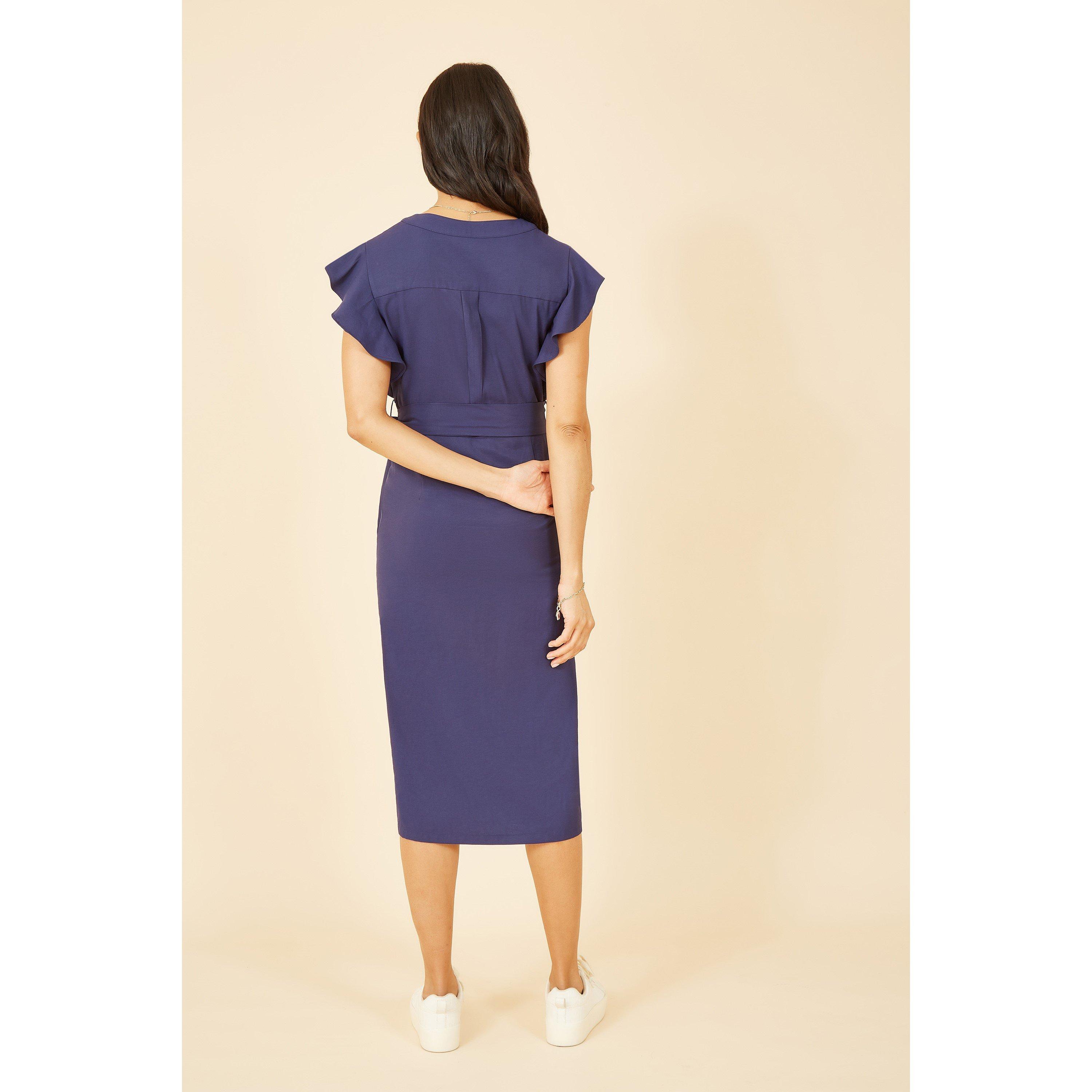 Navy - Yumi - Navy Linen Blend Midi Shirt Dress - 3