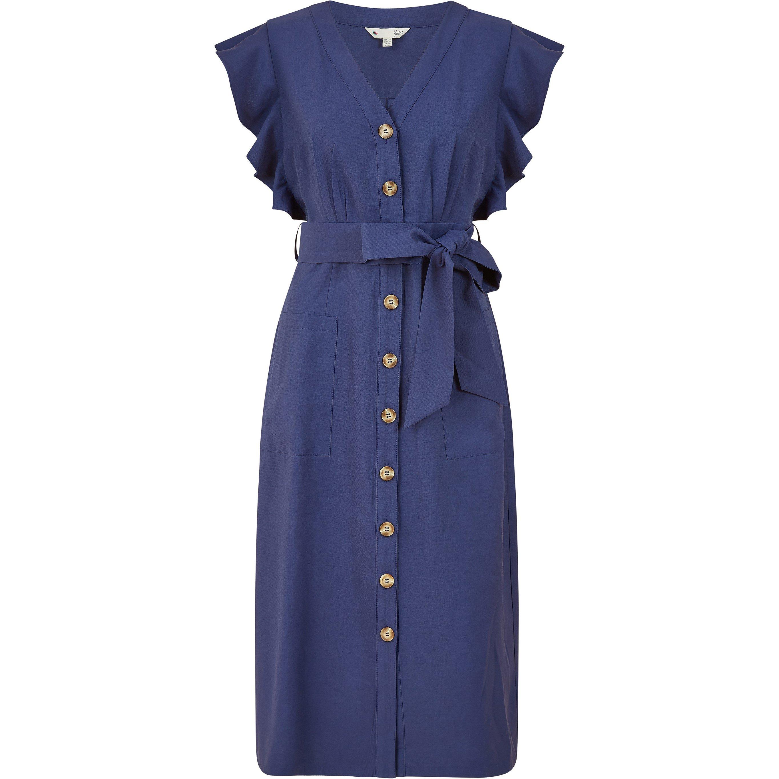 Navy - Yumi - Navy Linen Blend Midi Shirt Dress - 4