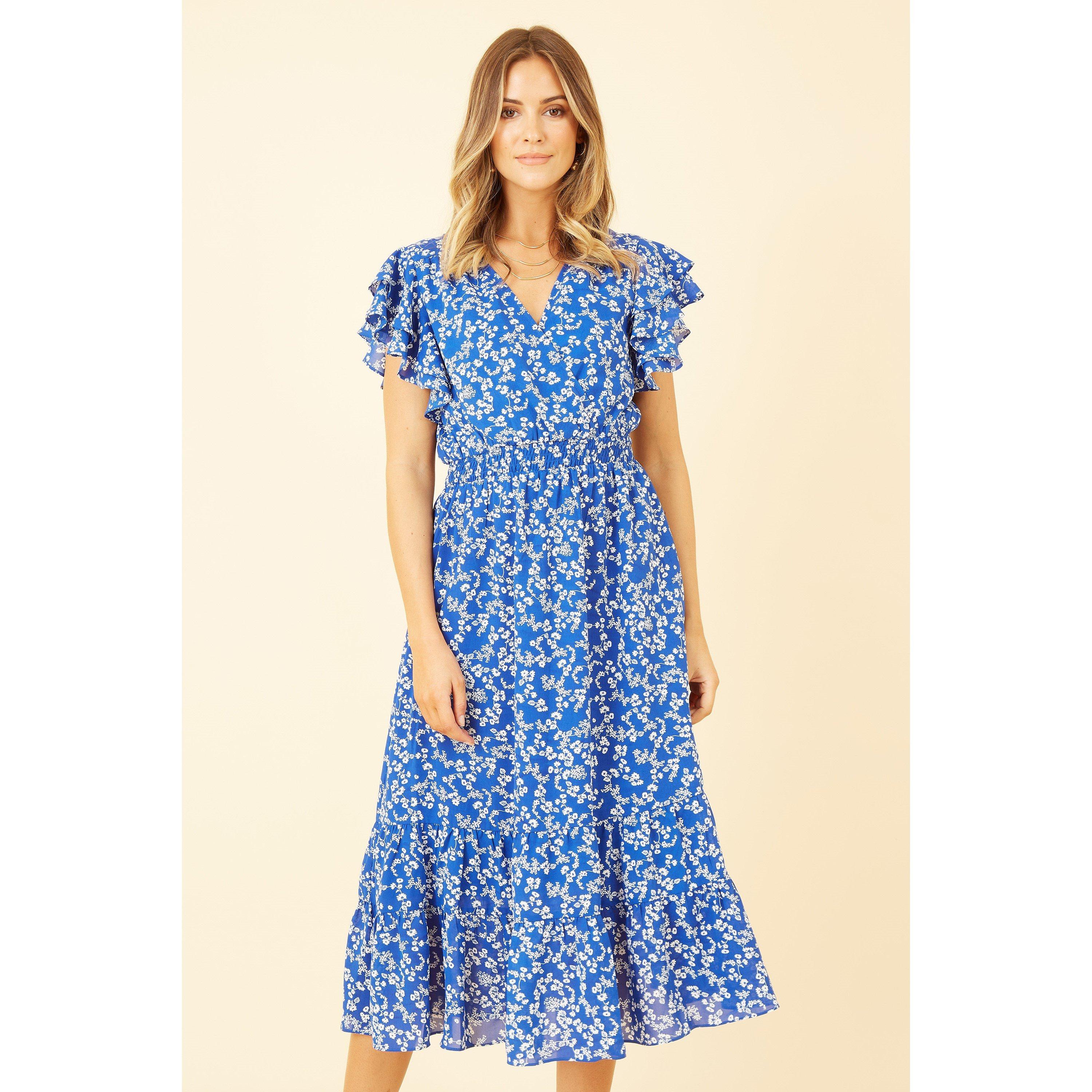Blue - Yumi - Blue Ditsy Print Frill Detail Midi Dress - 3
