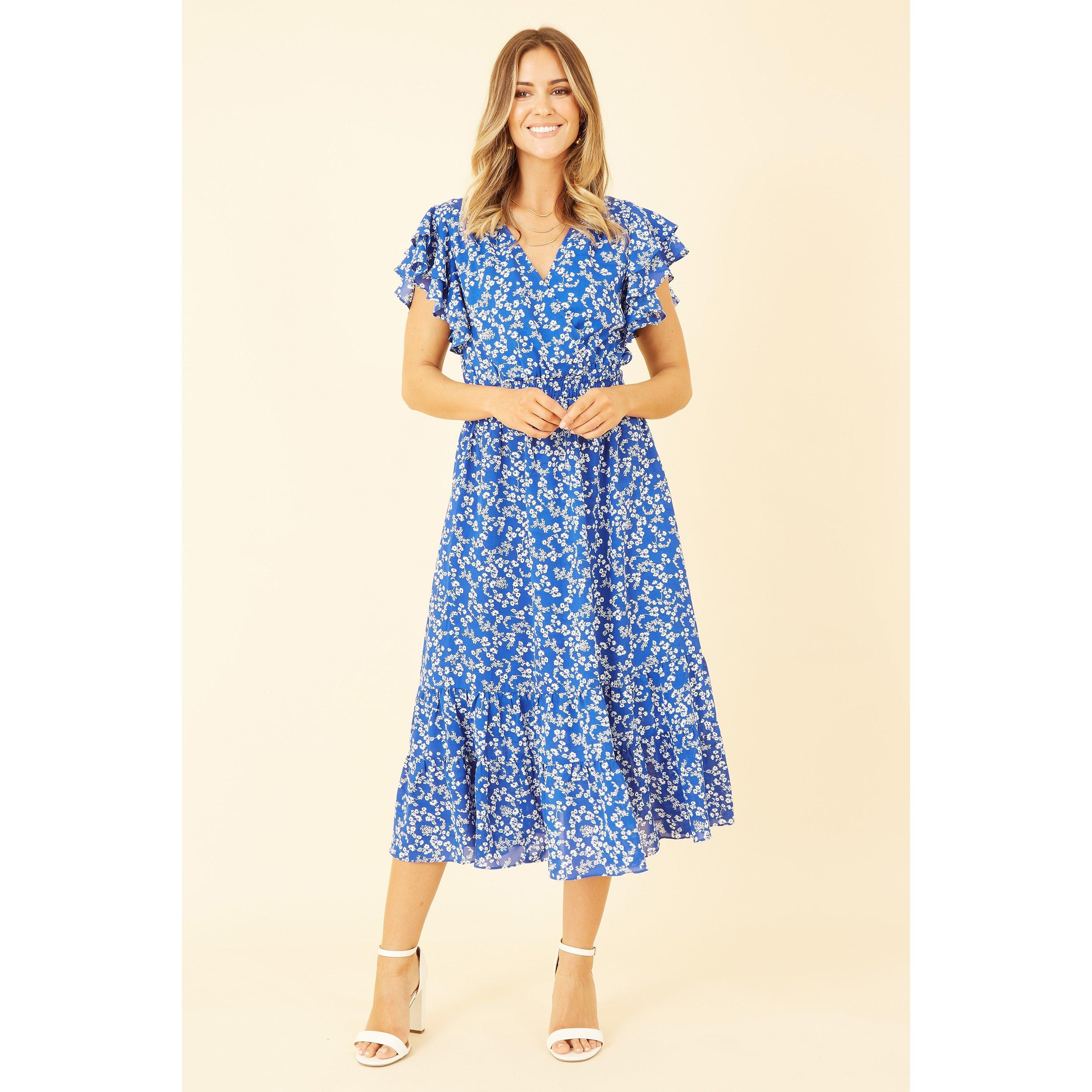 Blue - Yumi - Blue Ditsy Print Frill Detail Midi Dress - 4