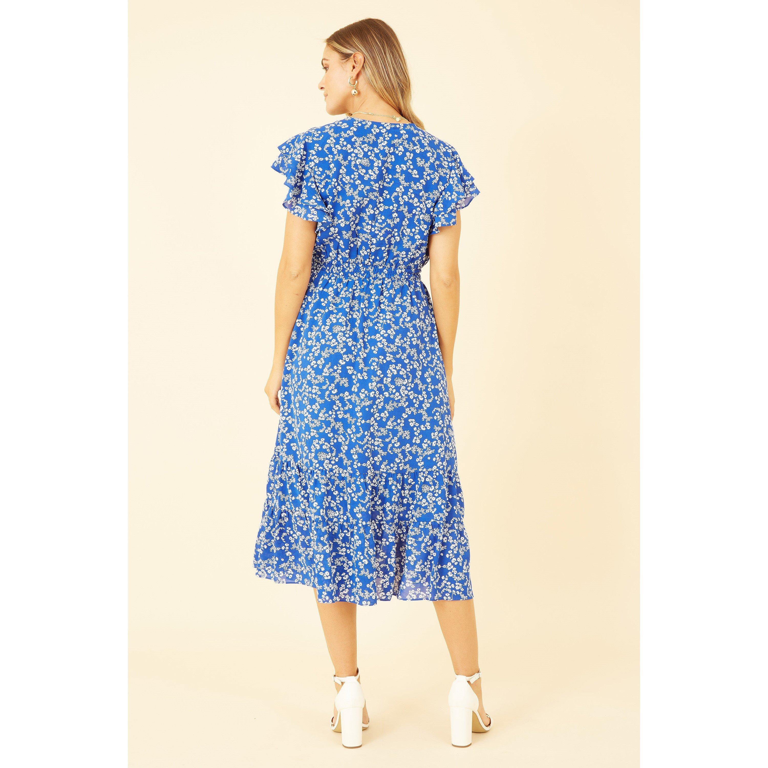 Blue - Yumi - Blue Ditsy Print Frill Detail Midi Dress - 5