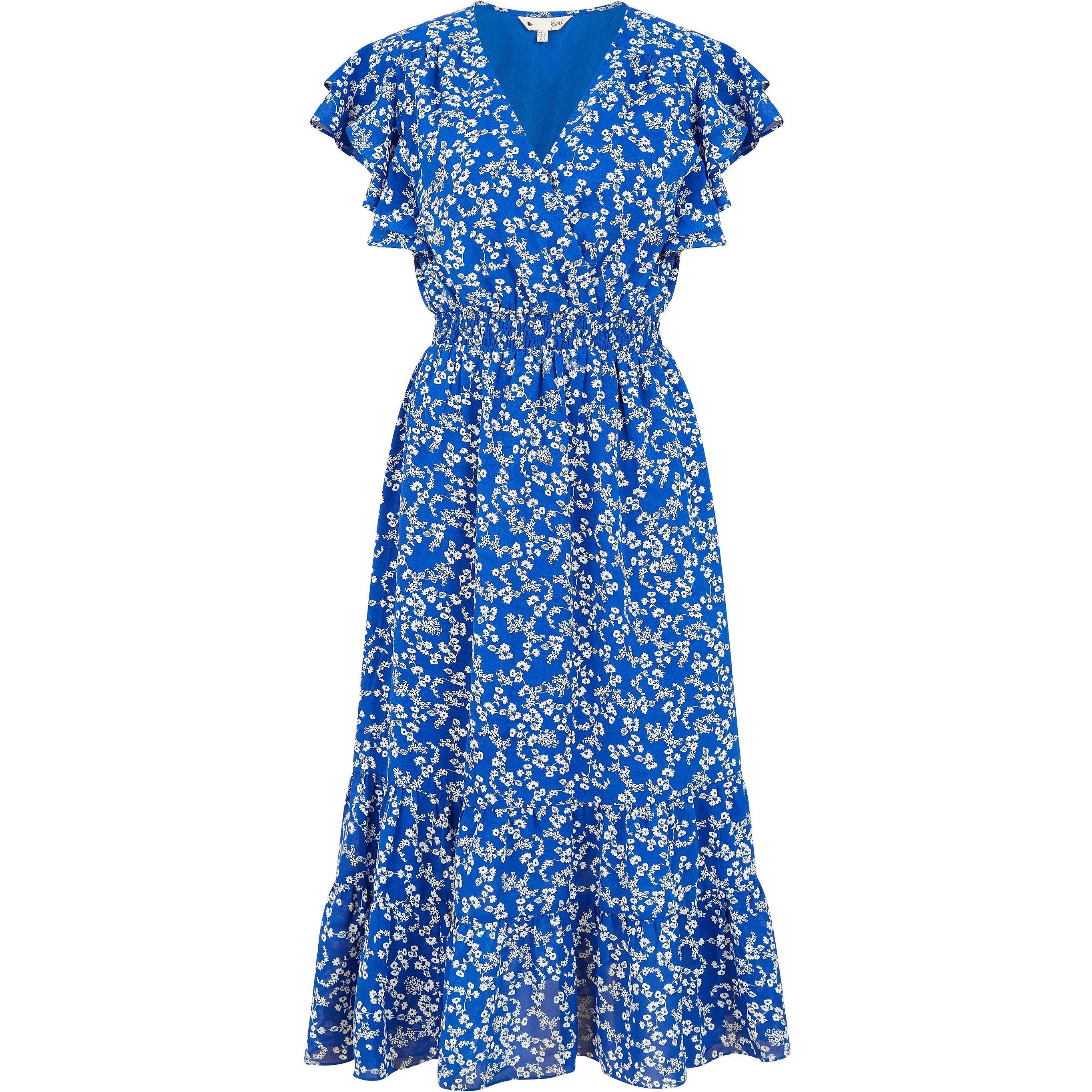 Blue - Yumi - Blue Ditsy Print Frill Detail Midi Dress - 6