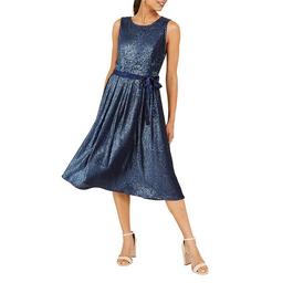 Yumi Navy Sequin Tie Velvet Skater Dress