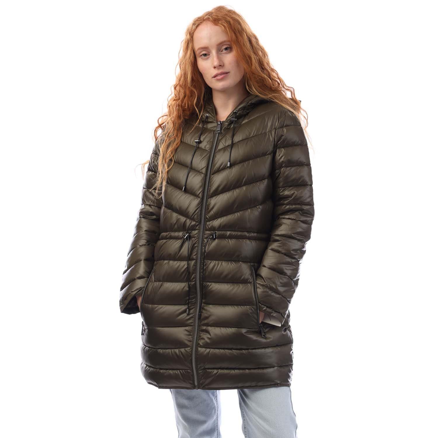 Grey Green - DKNY - Zip Front Puffer Jacket With Cinched Waist - 1