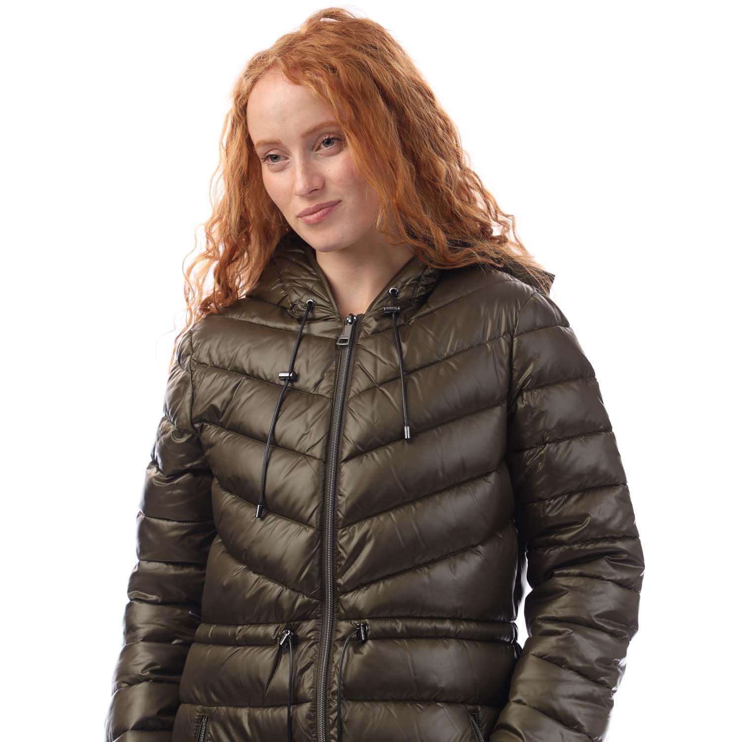 Grey Green - DKNY - Zip Front Puffer Jacket With Cinched Waist - 2