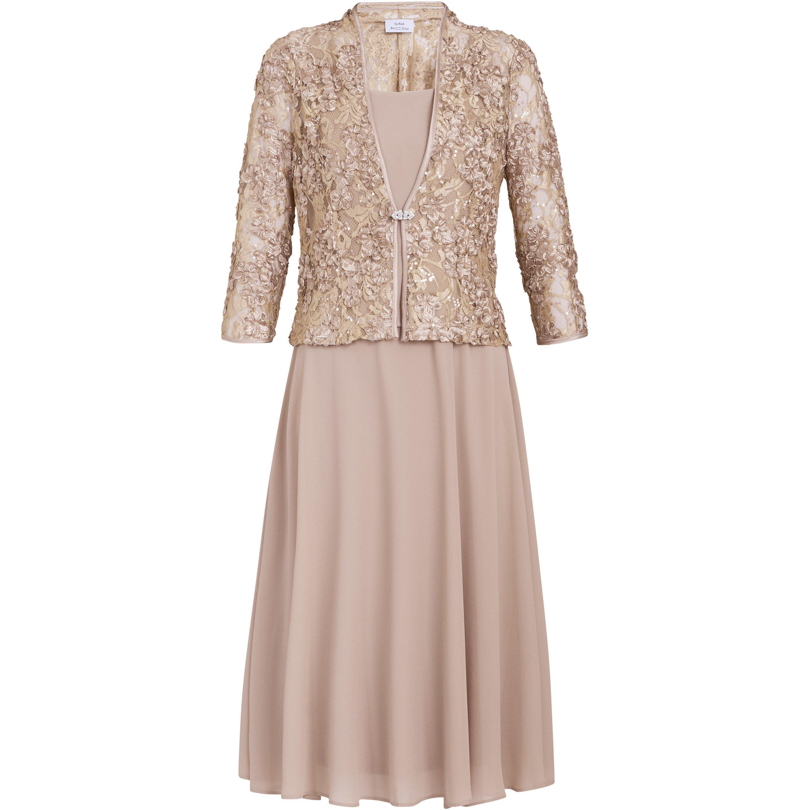 Gina Bacconi Women's Adele Soutache Lace Jacket Chiffon Dress - Latte - 12