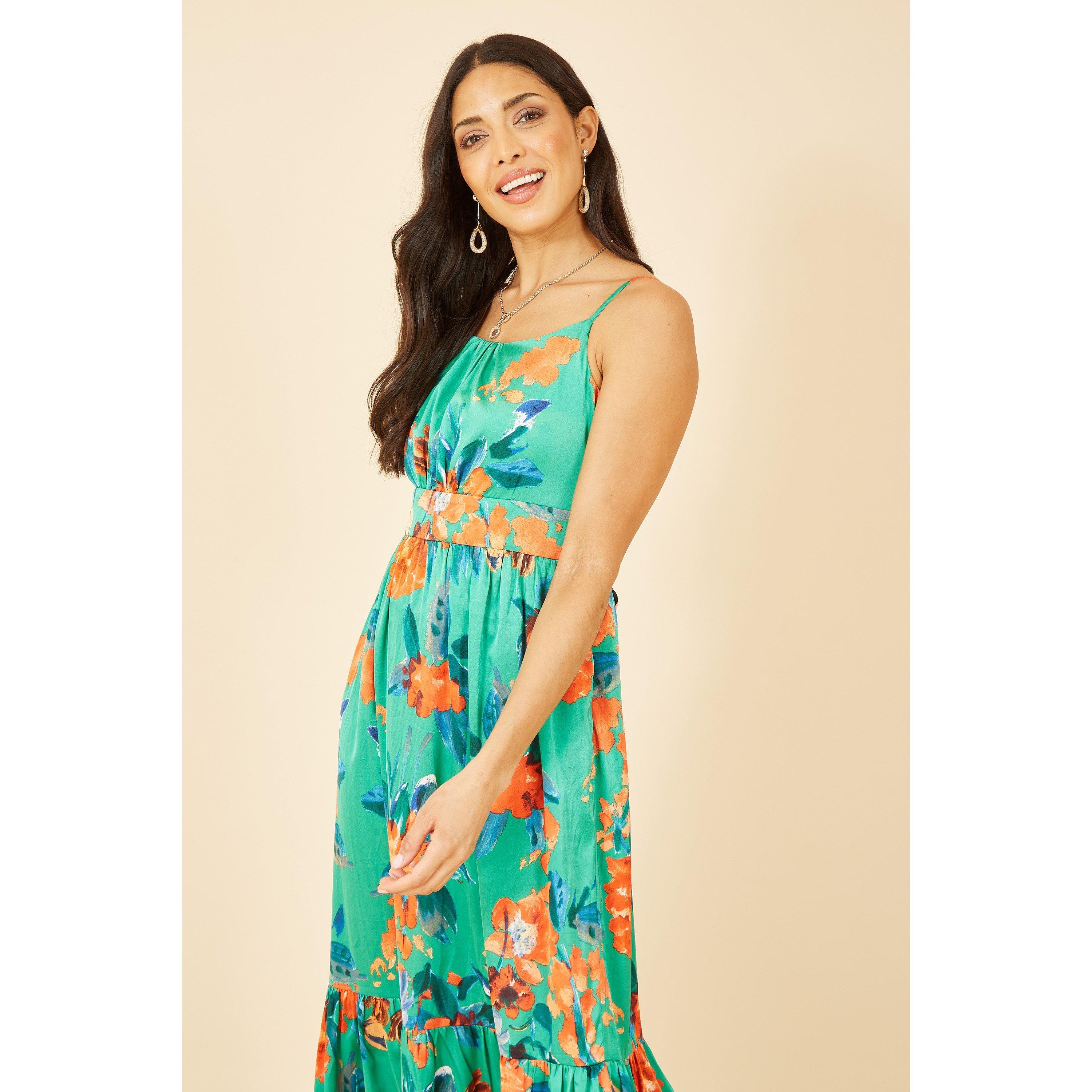 Green - Yumi - Green Satin Floral Strappy Maxi Dress - 3