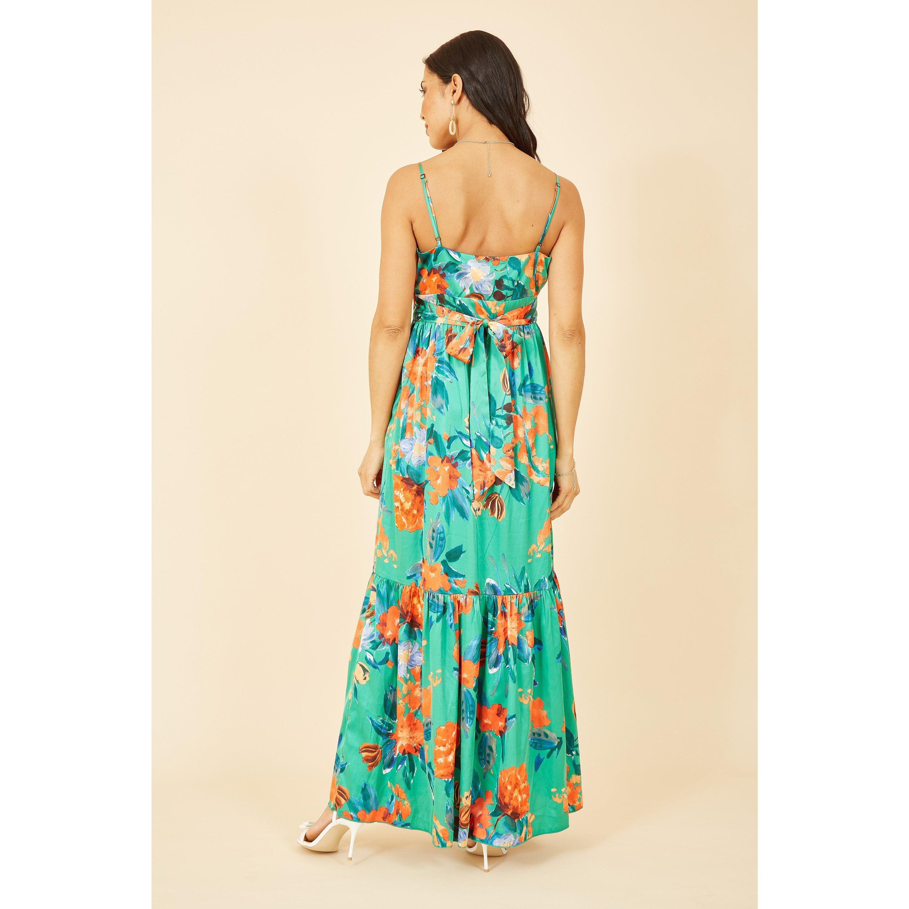 Green - Yumi - Green Satin Floral Strappy Maxi Dress - 4