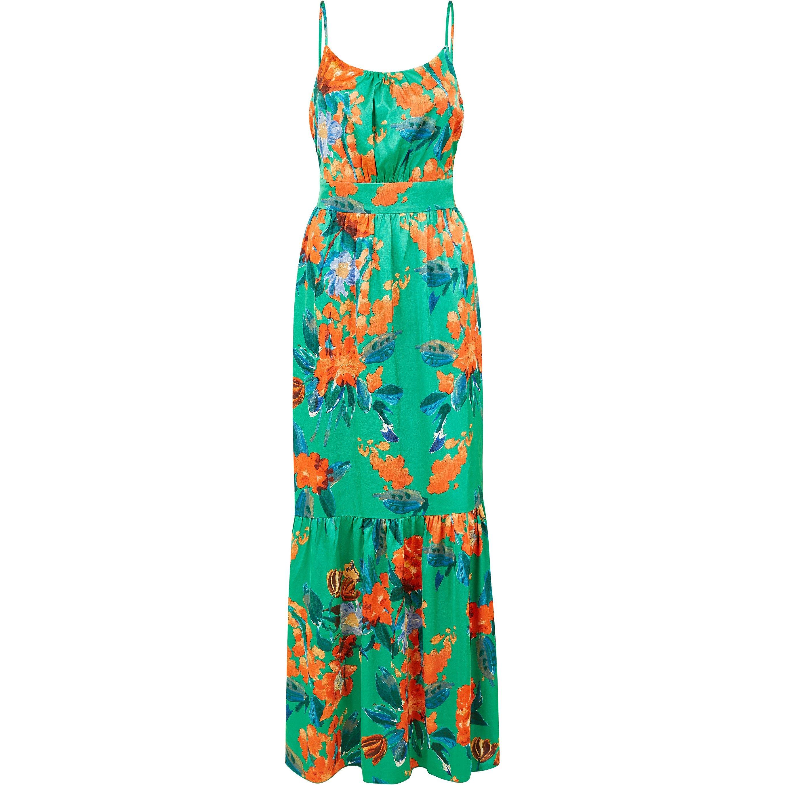 Green - Yumi - Green Satin Floral Strappy Maxi Dress - 5