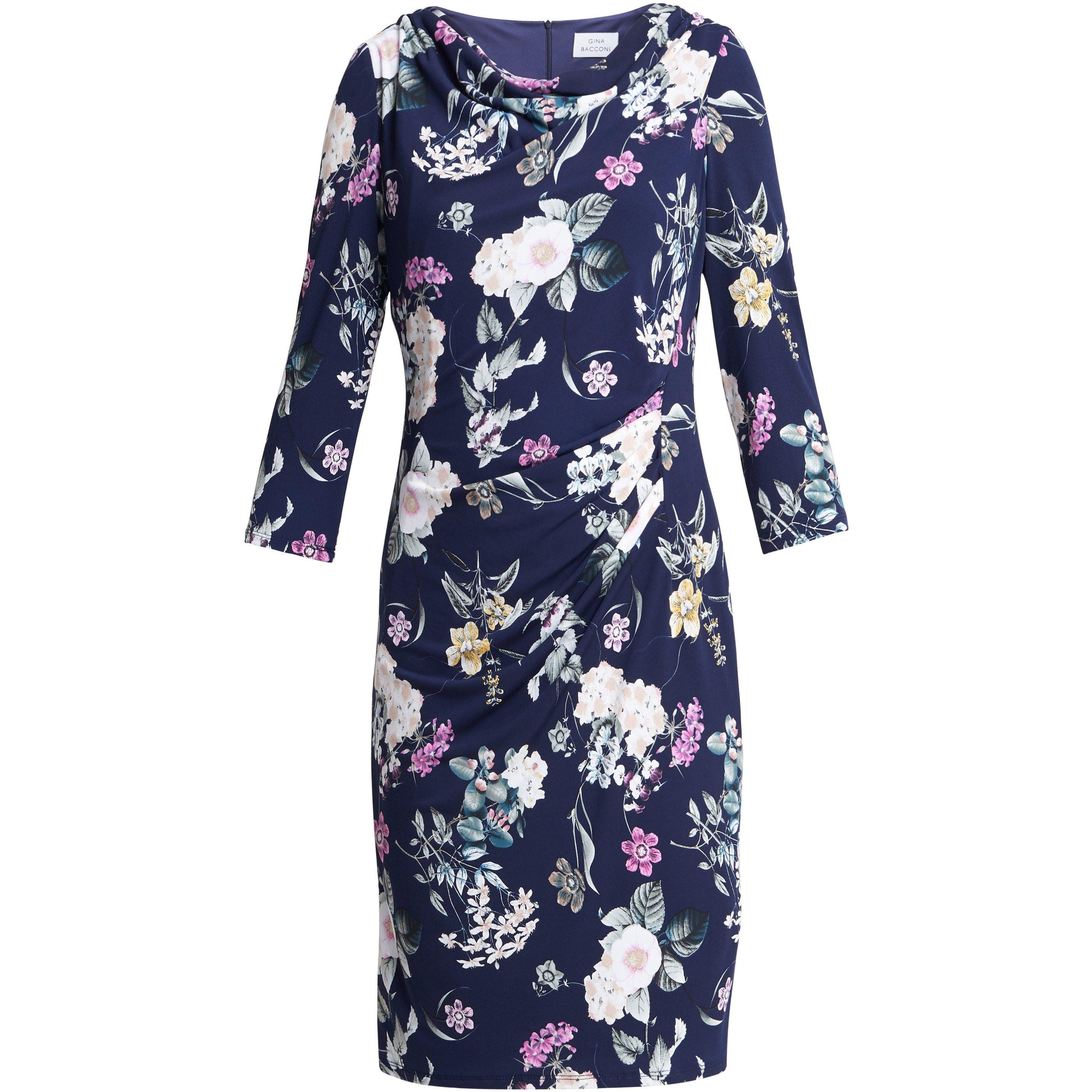 Navy - Gina Bacconi - Aliya Printed Jersey Cowl Neck Dress - 4