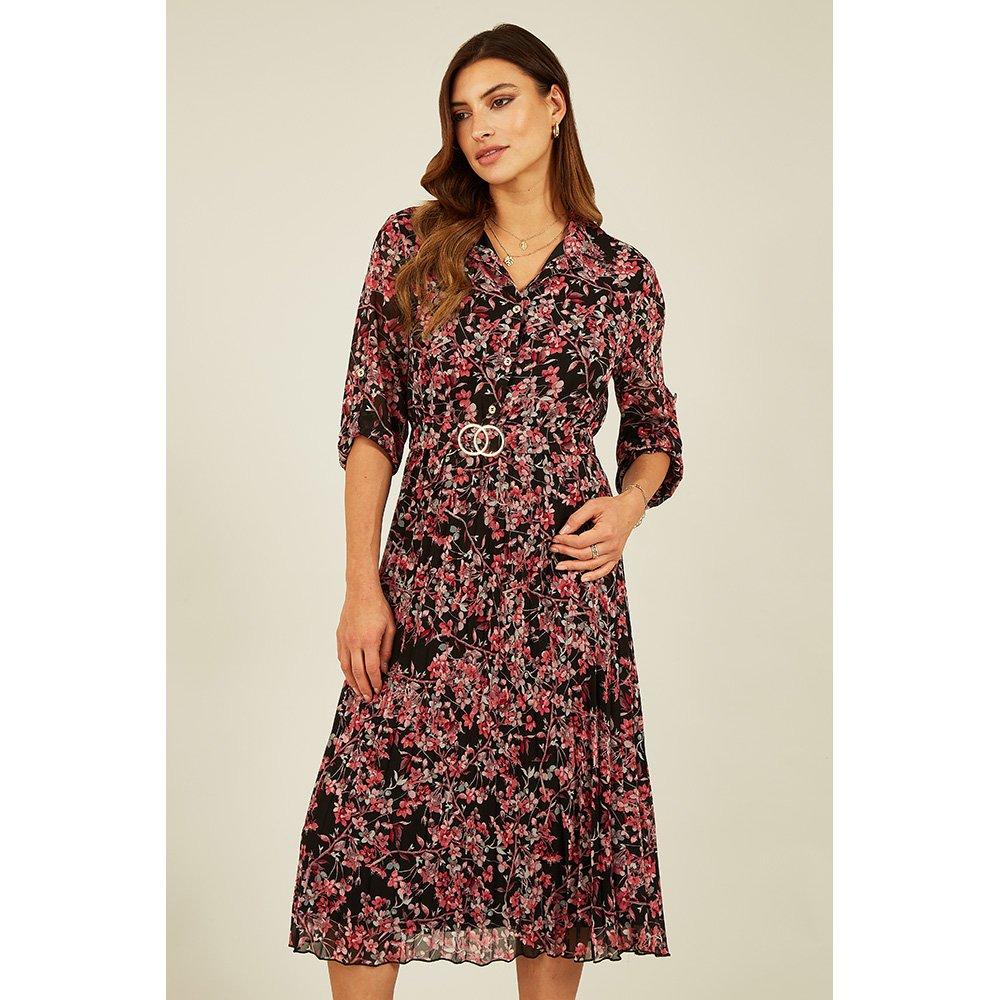 Mela London Black Blossom Pleated Skirt Midi Dress
