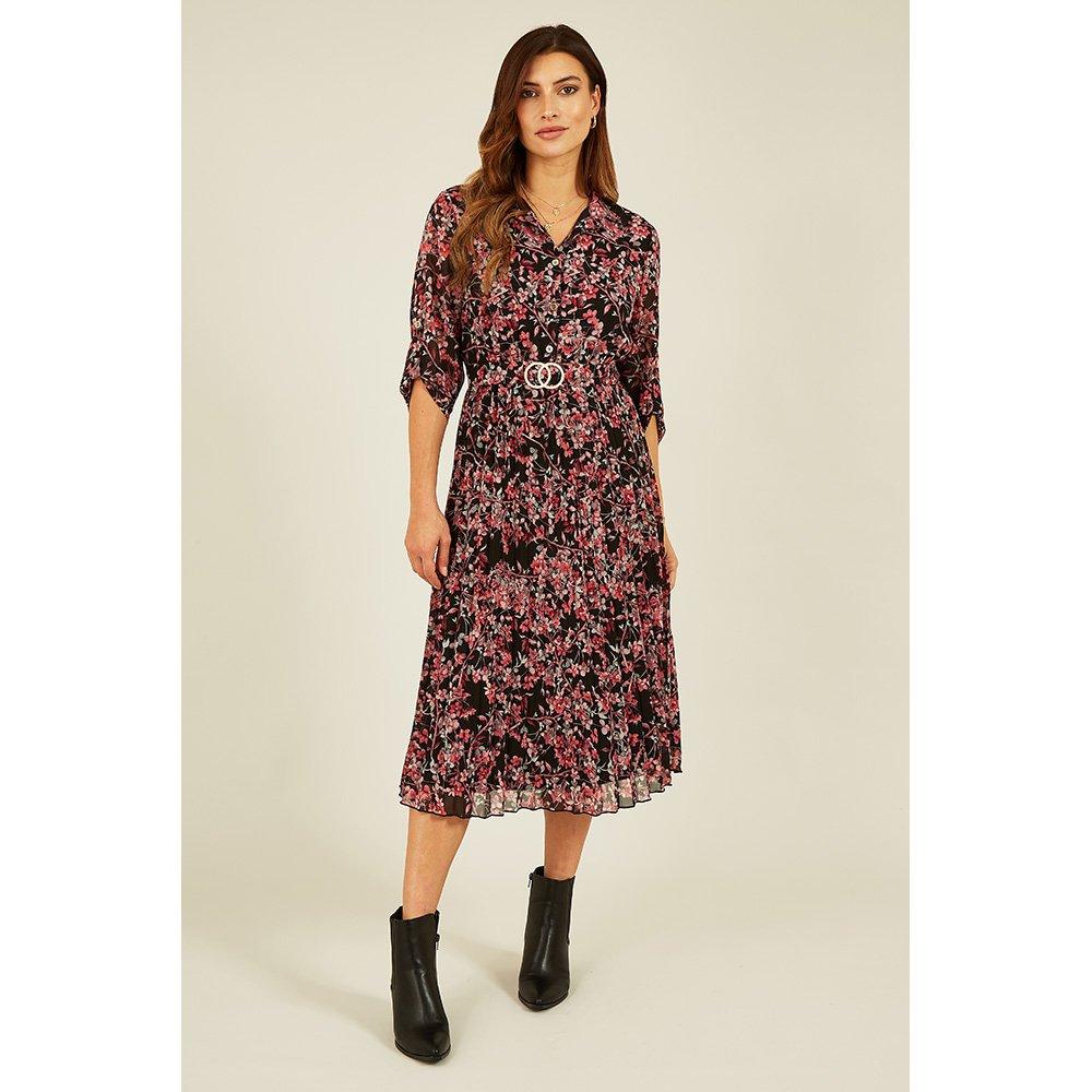 Black - Mela London - Black Blossom Pleated Skirt Midi Dress - 2