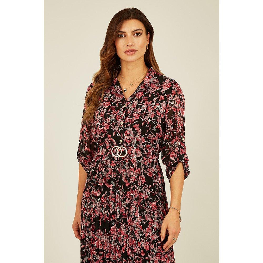 Black - Mela London - Black Blossom Pleated Skirt Midi Dress - 3