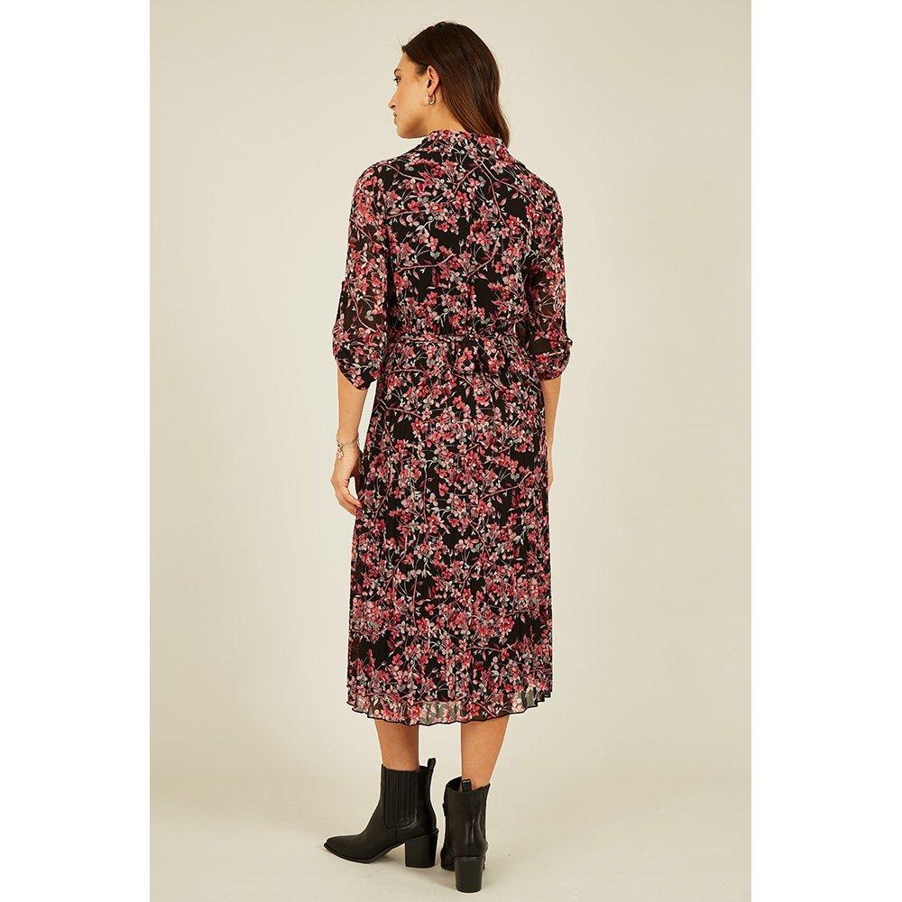Black - Mela London - Black Blossom Pleated Skirt Midi Dress - 4