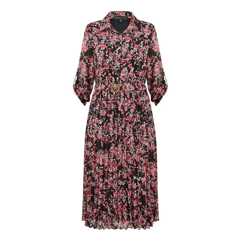 Black - Mela London - Black Blossom Pleated Skirt Midi Dress - 5